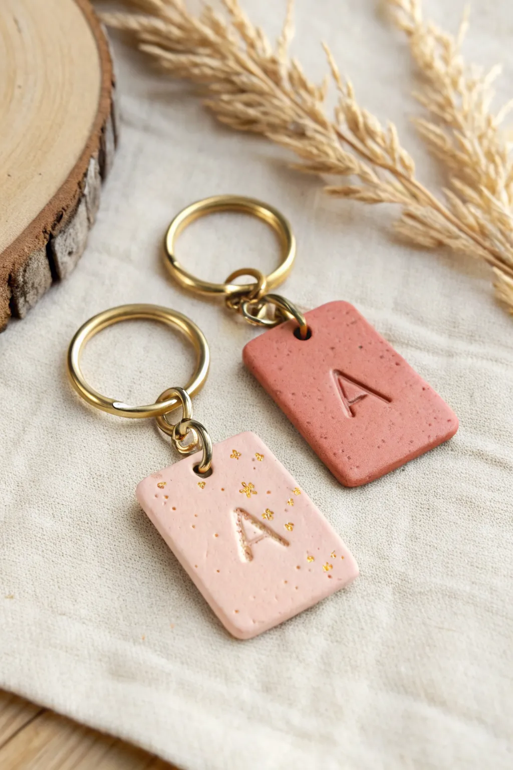 Create matching clay initial keychains in soft boho tones for a sweet mini date night.