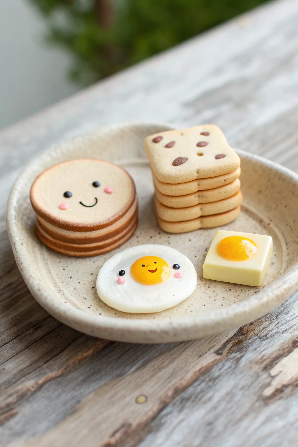 Tiny smiling toast, egg, and pancake minis on a minimalist dish, perfect beginner clay charm set.