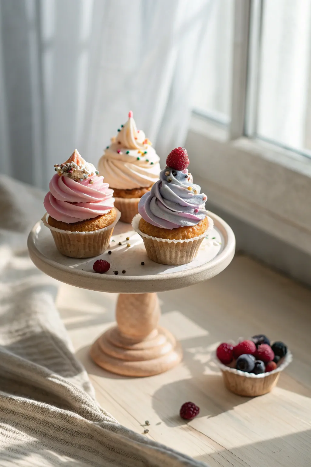 Mini clay cupcakes with tall swirled frosting peaks on a tiny stand, simple and sweet.