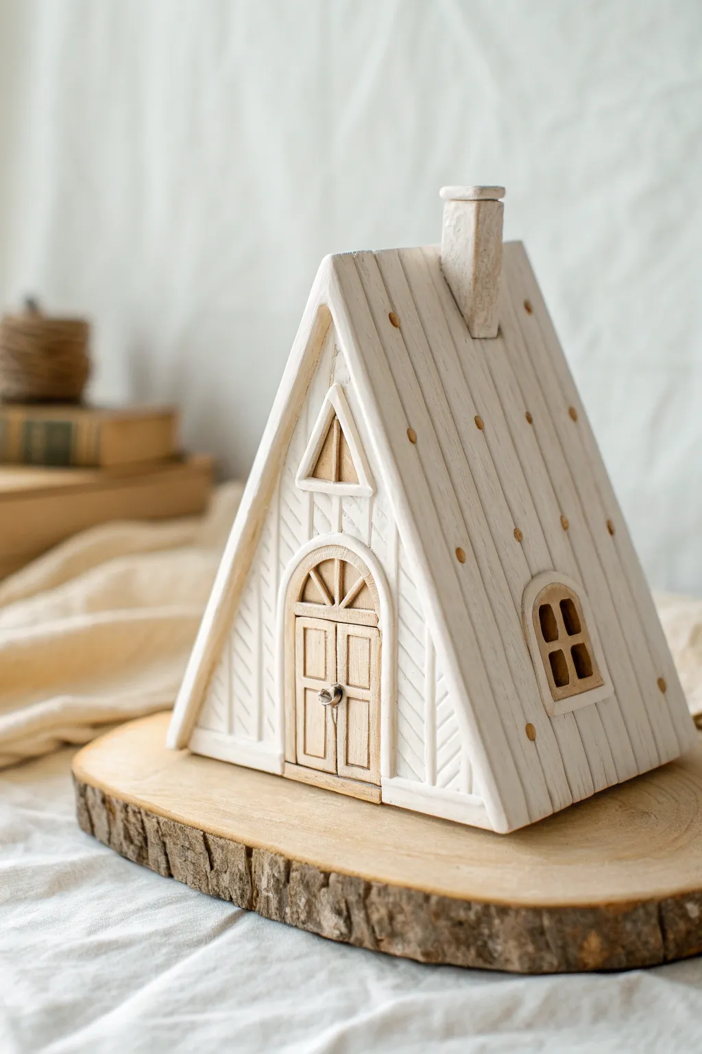 Sweet A-frame mini clay cabin with a centered door, wood-plank lines, and a tiny chimney