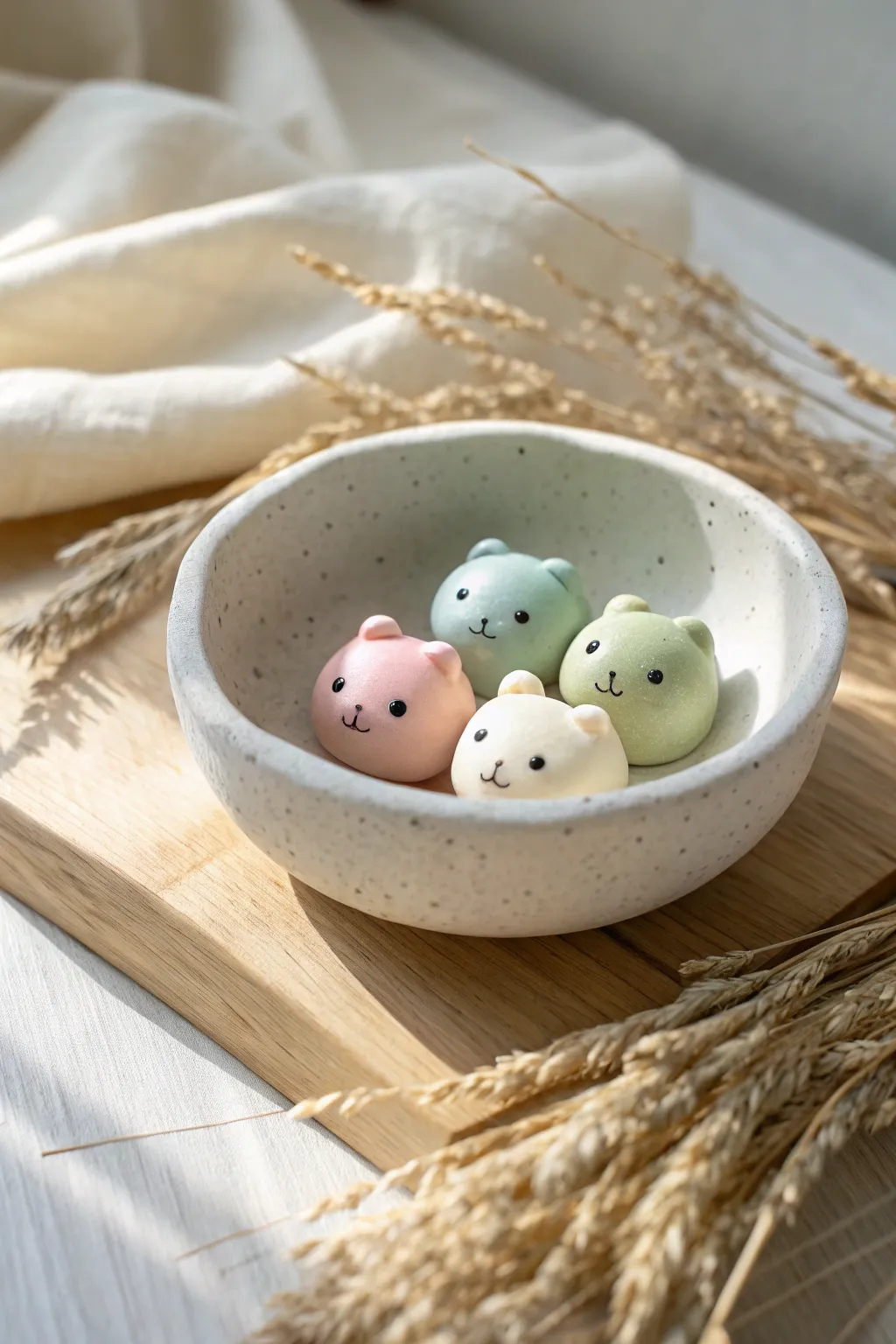 Batch-ready mini animal blobs in a simple bowl, soft pastels and cozy Scandinavian calm
