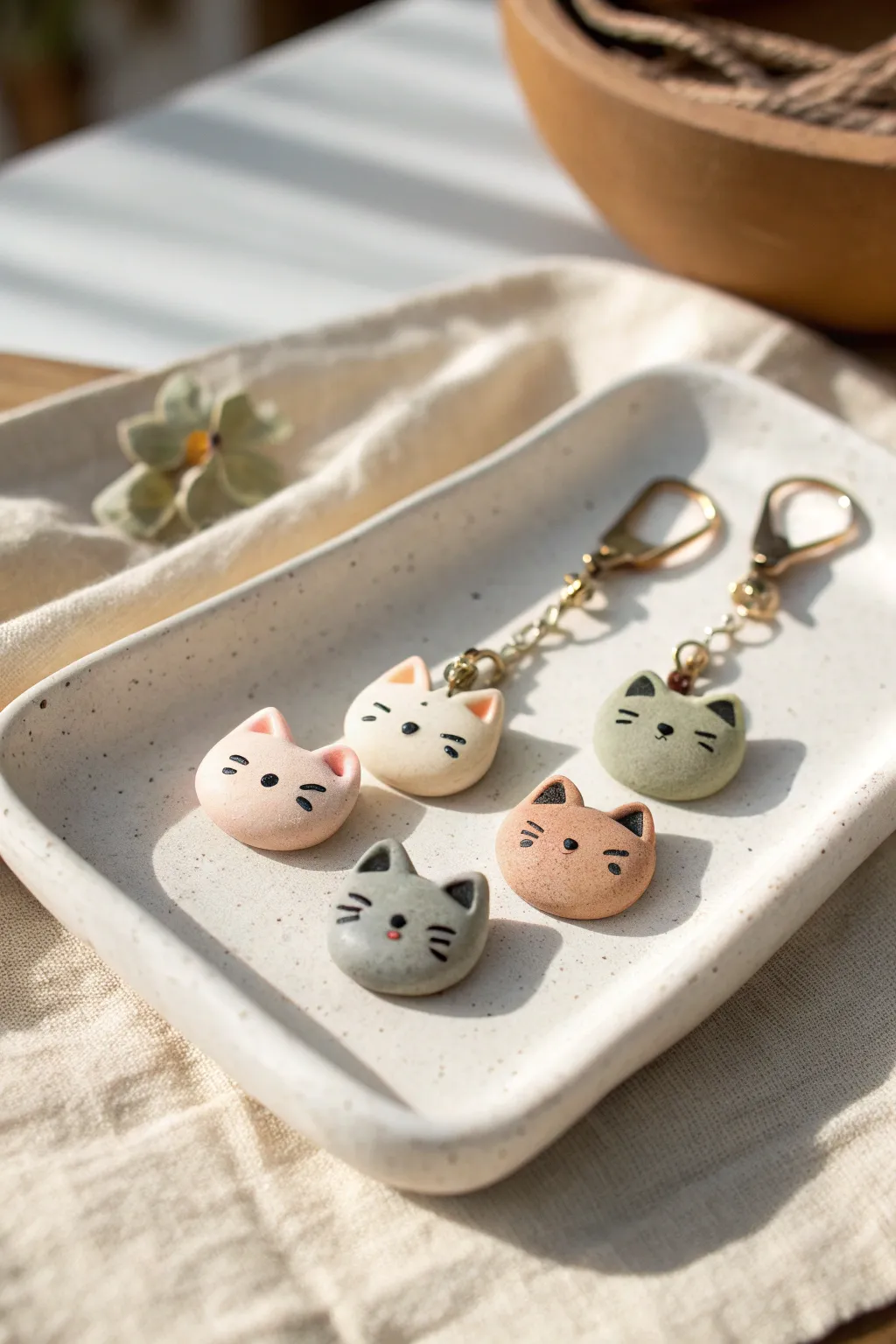Mini cat head charms in soft pastel clay, minimalist faces, a perfect easy DIY idea.
