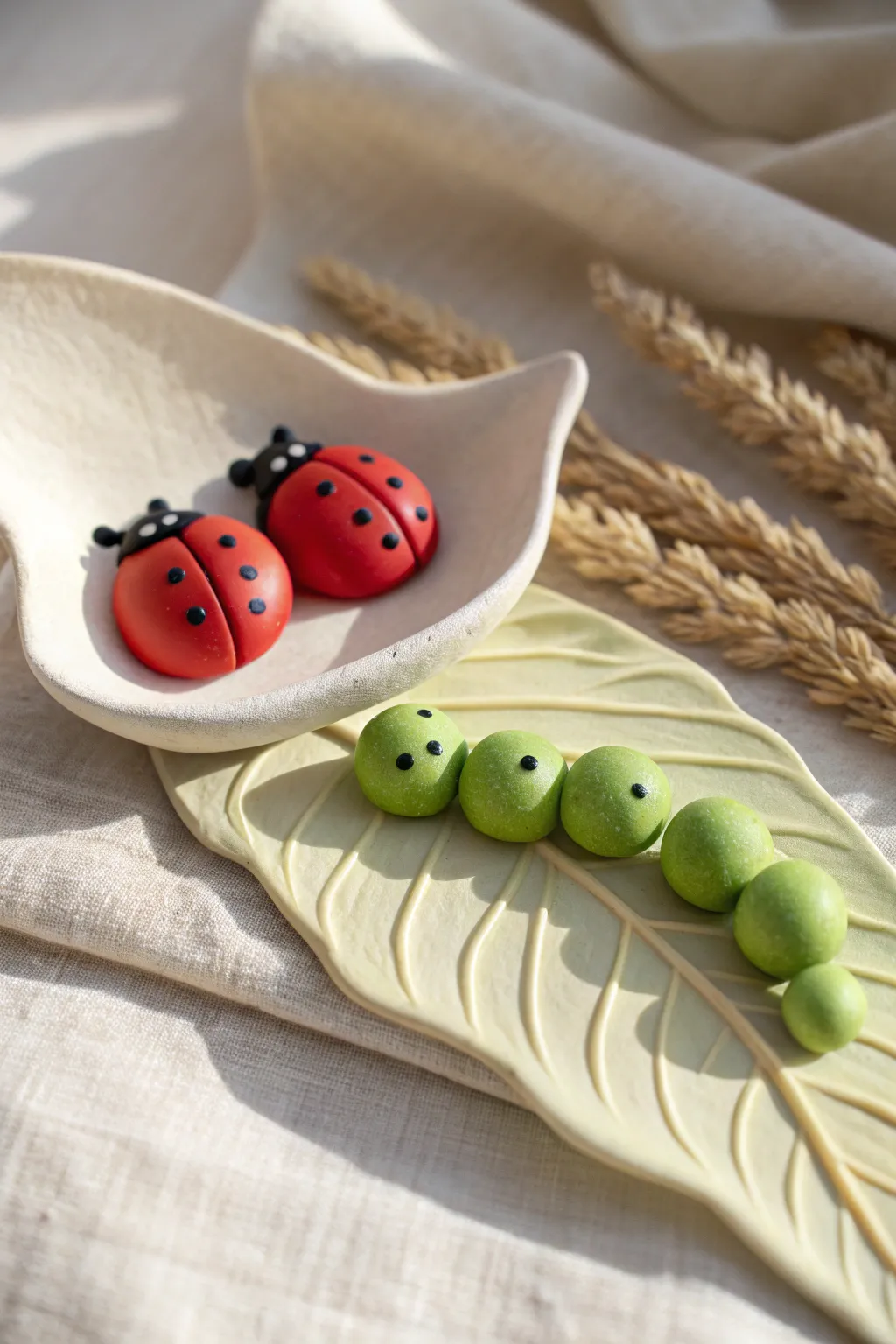 Tiny clay ladybugs and a simple green caterpillar on a leaf dish, sweet and kid-friendly.