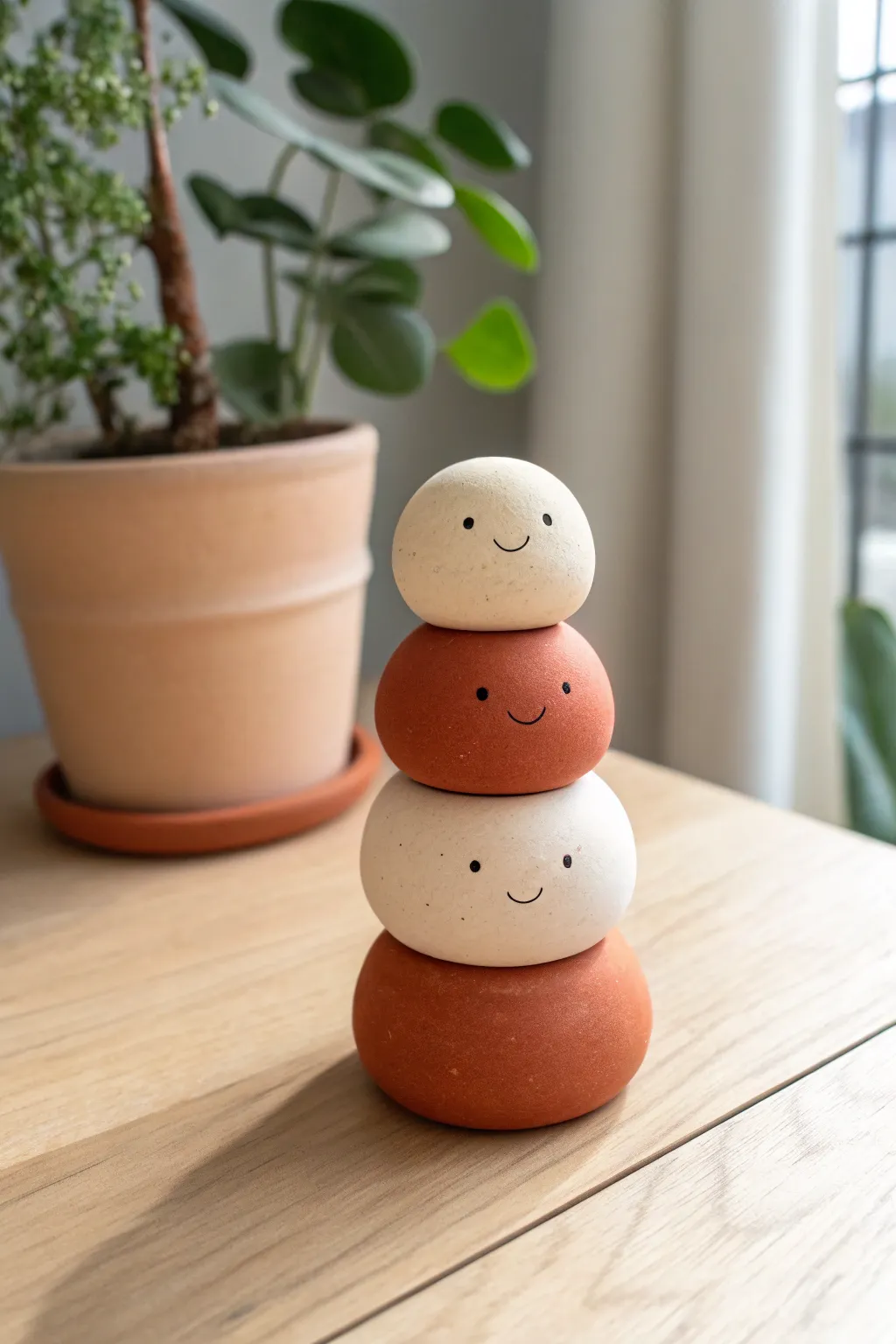 Mini clay desk buddy totem with sweet faces, minimalist and boho on a bright tidy workspace.