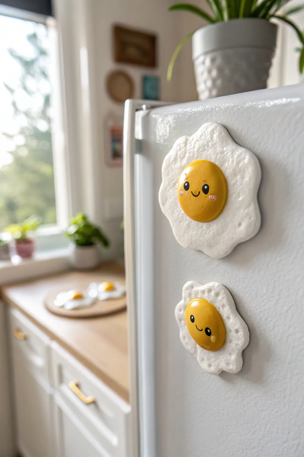 Sunny-side egg clay magnet with a tiny smile, glossy yolk, minimalist fridge styling.