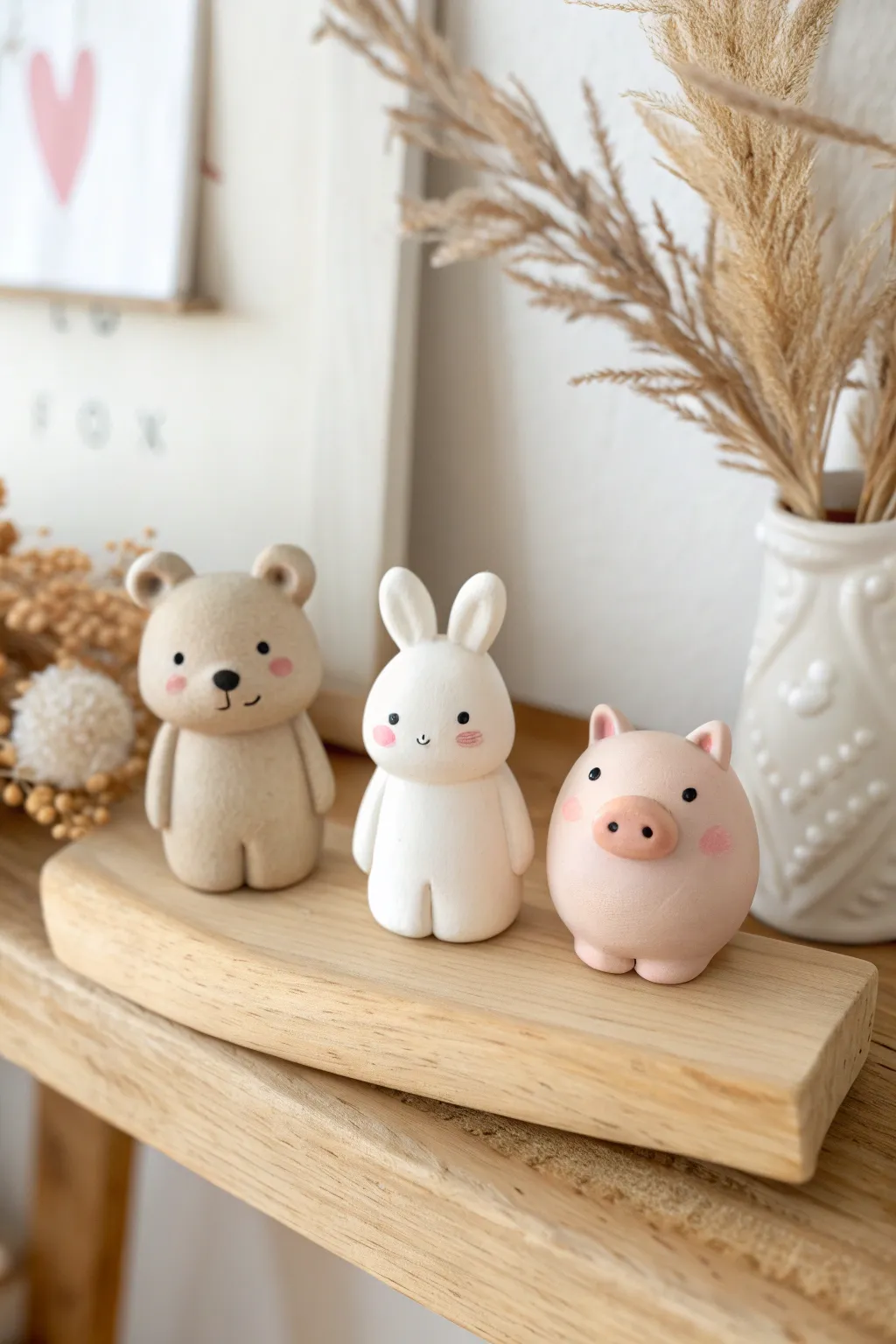 Tiny chibi bear, bunny and pig in soft neutrals, a sweet mini shelf squad to copy.