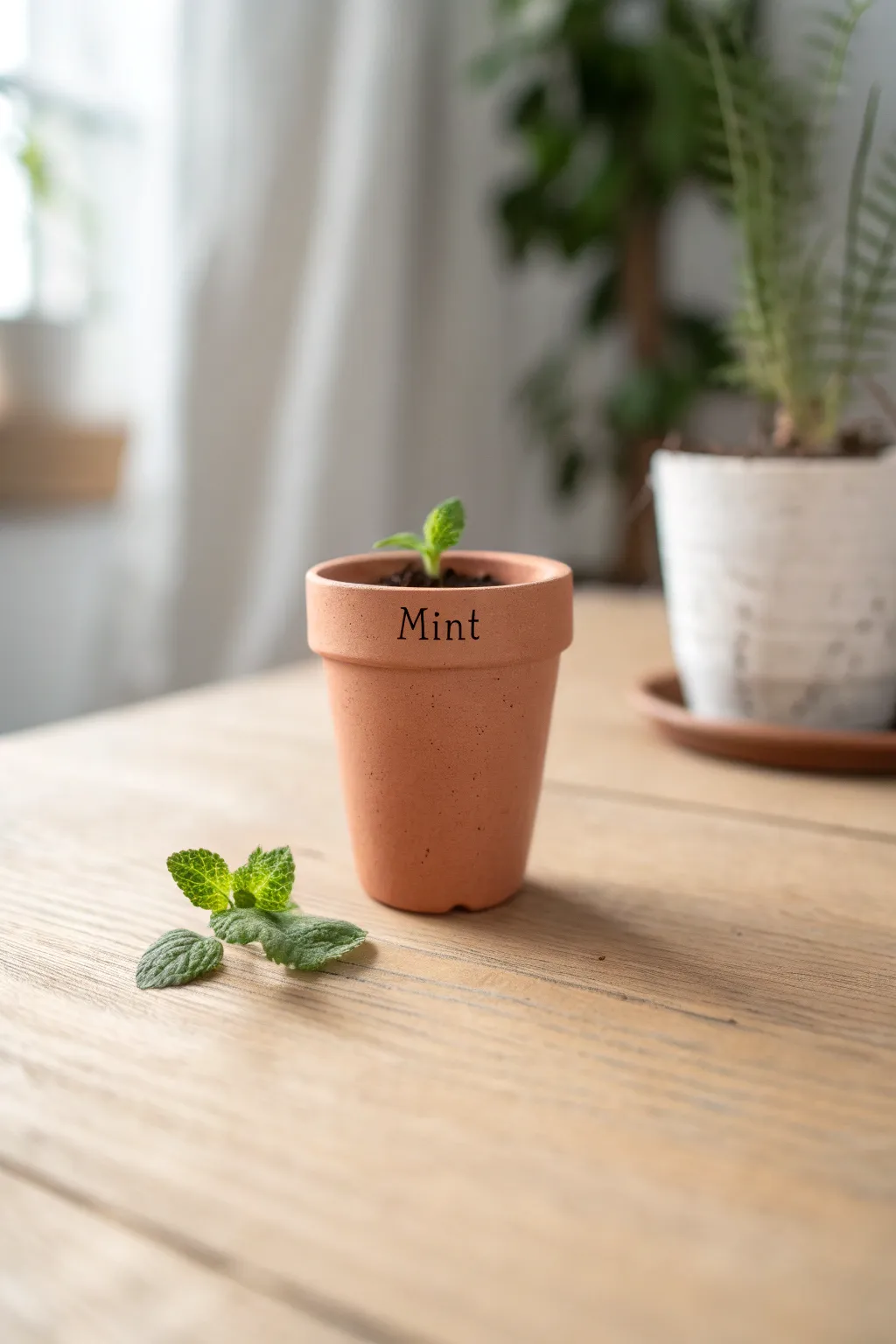 Mini clay pot with a simple hand-lettered label and tiny sprig for sweet personalized decor.