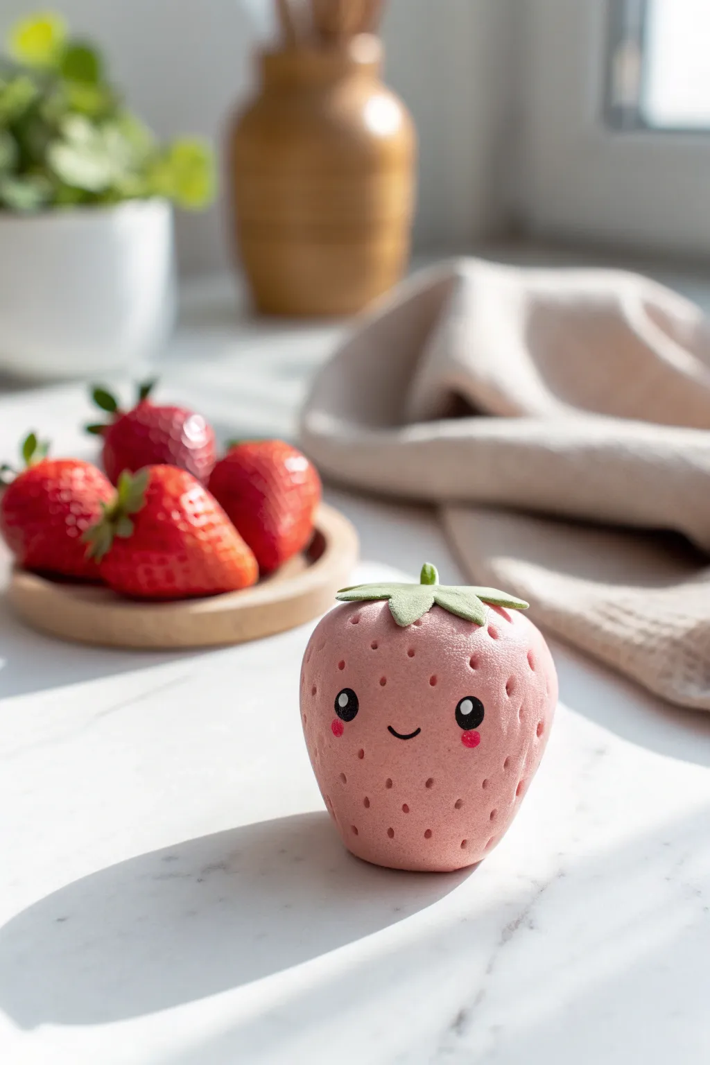 Sweet mini clay strawberry character on white, perfect beginner mini food sculpture inspiration.