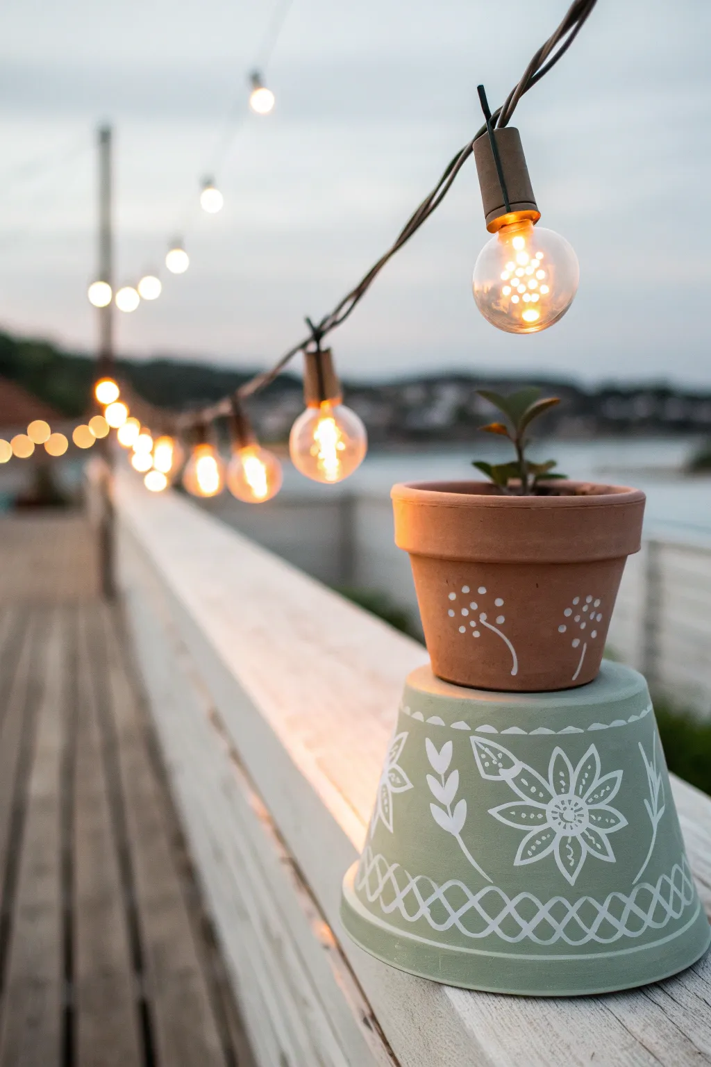 Mini terracotta pot shades on warm string lights, simple patterns for a cozy boho minimalist glow