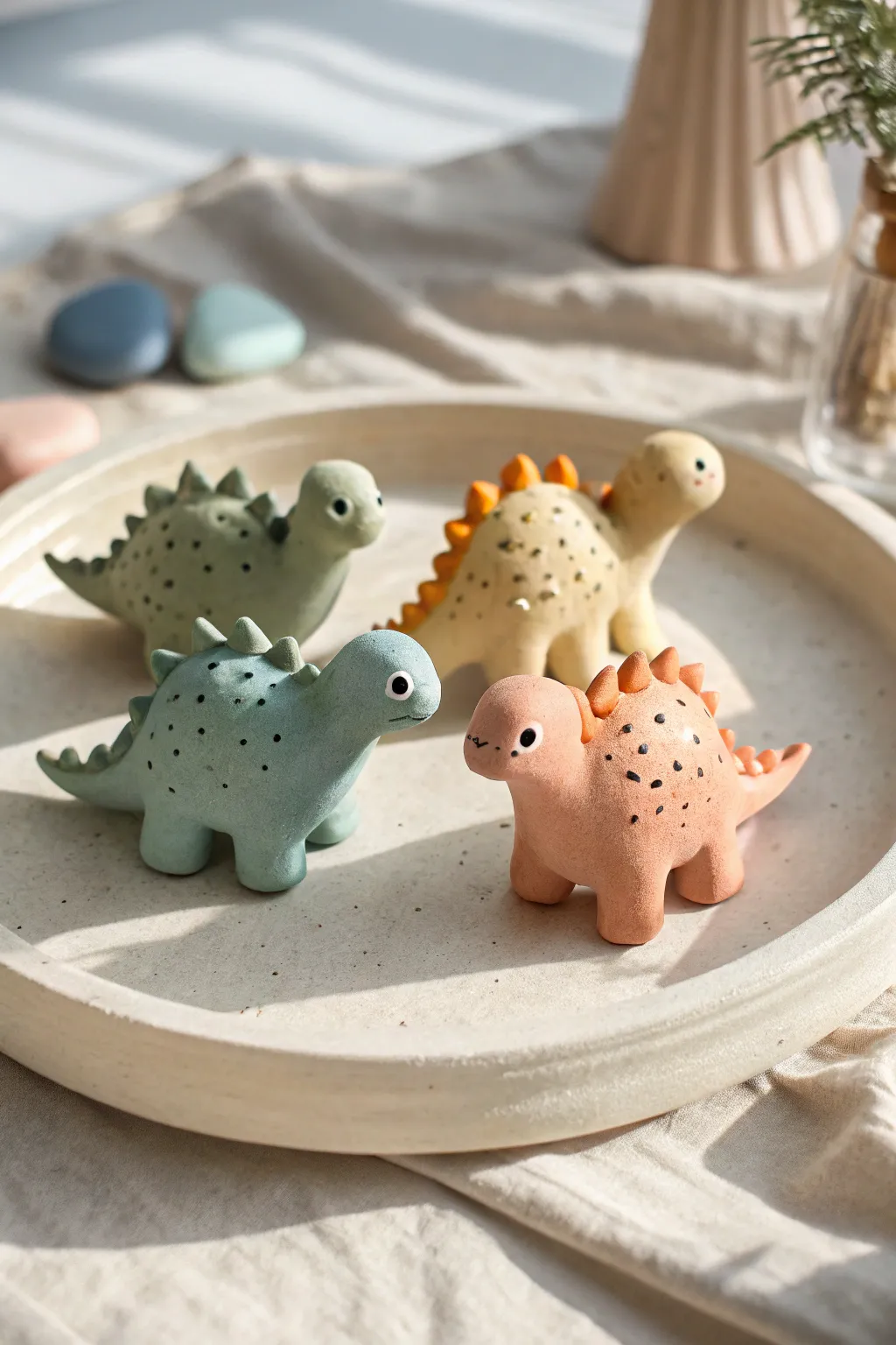 Chubby mini air dry clay dinosaur friends in soft pastels, a cute minimalist boho collectible set