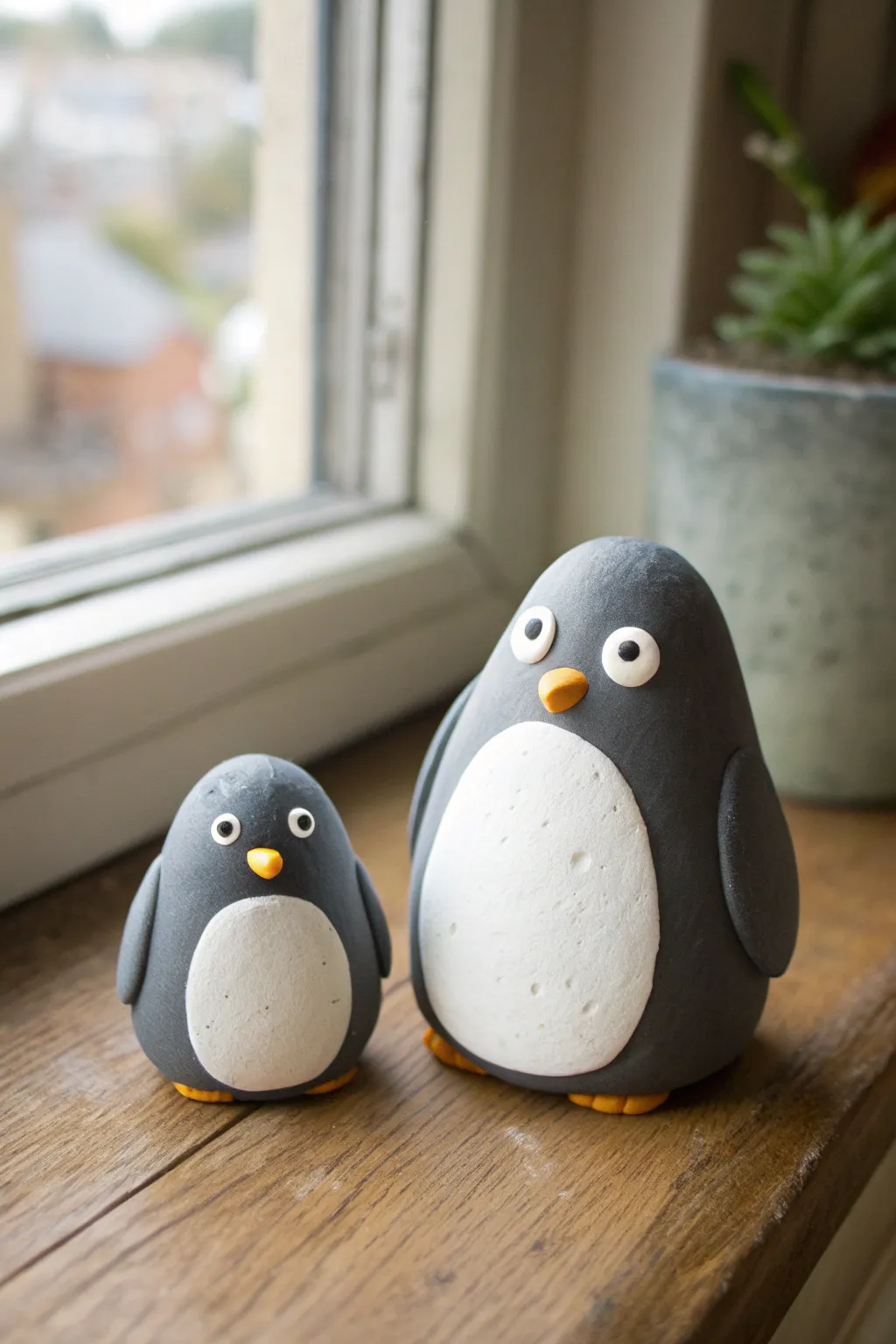 Simple two-shape penguin pals in soft matte clay, a cute minimalist duo with crisp contrast