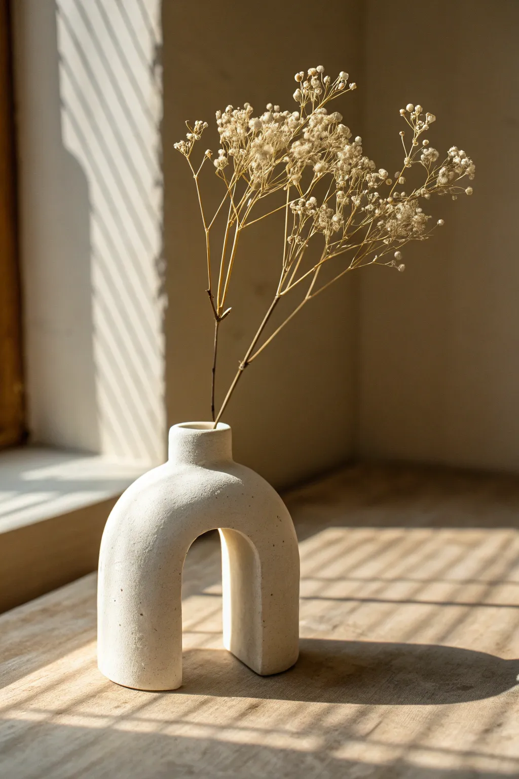 Tiny clay magnet bud vase with one dried stem, minimalist and cozy for small spaces.