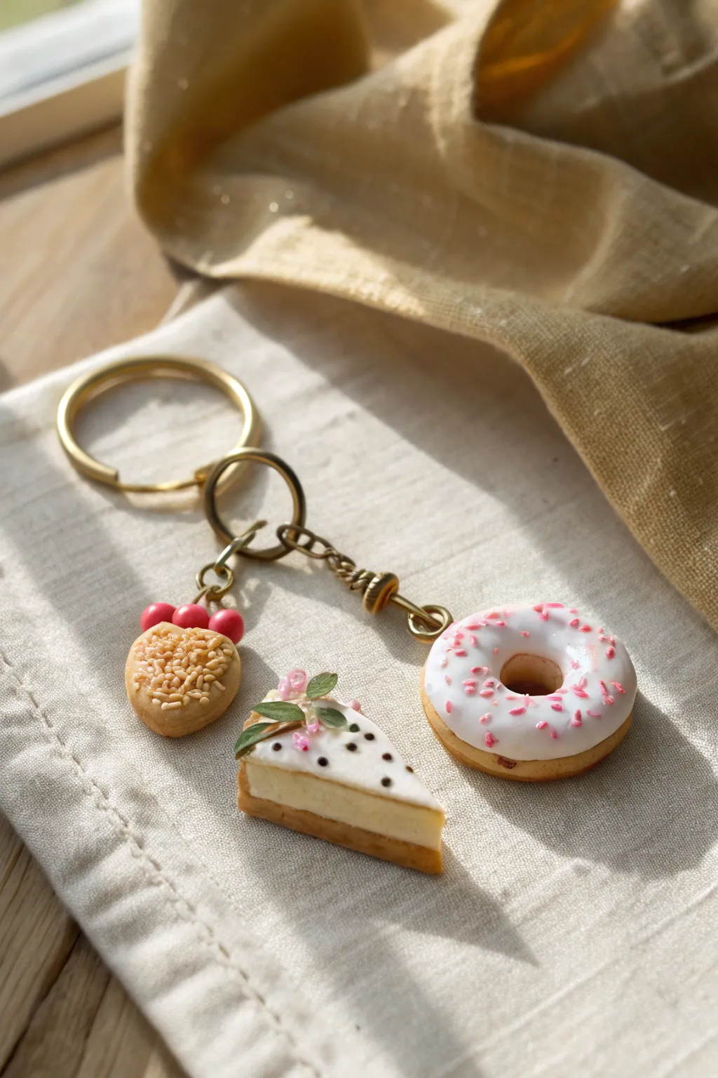 Sweet mini food charms in Scandinavian calm, a tiny donut, cake, and pie on one keyring.