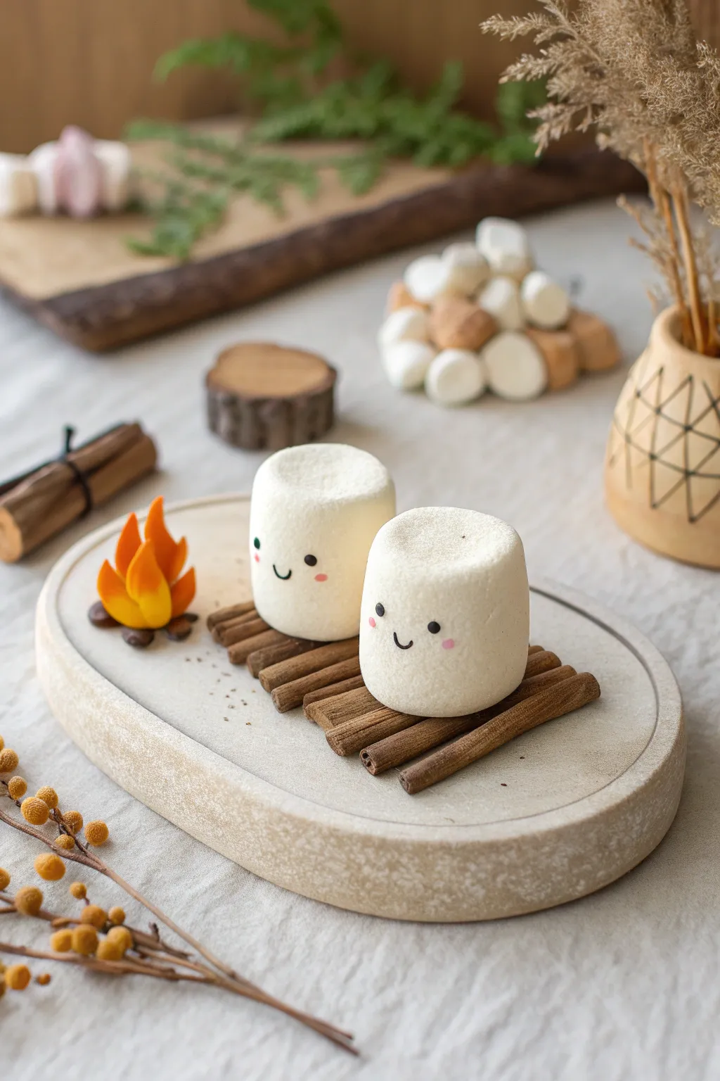 Cozy clay date idea: two marshmallow pals by a tiny campfire, simple and sweet for a cute at home night.