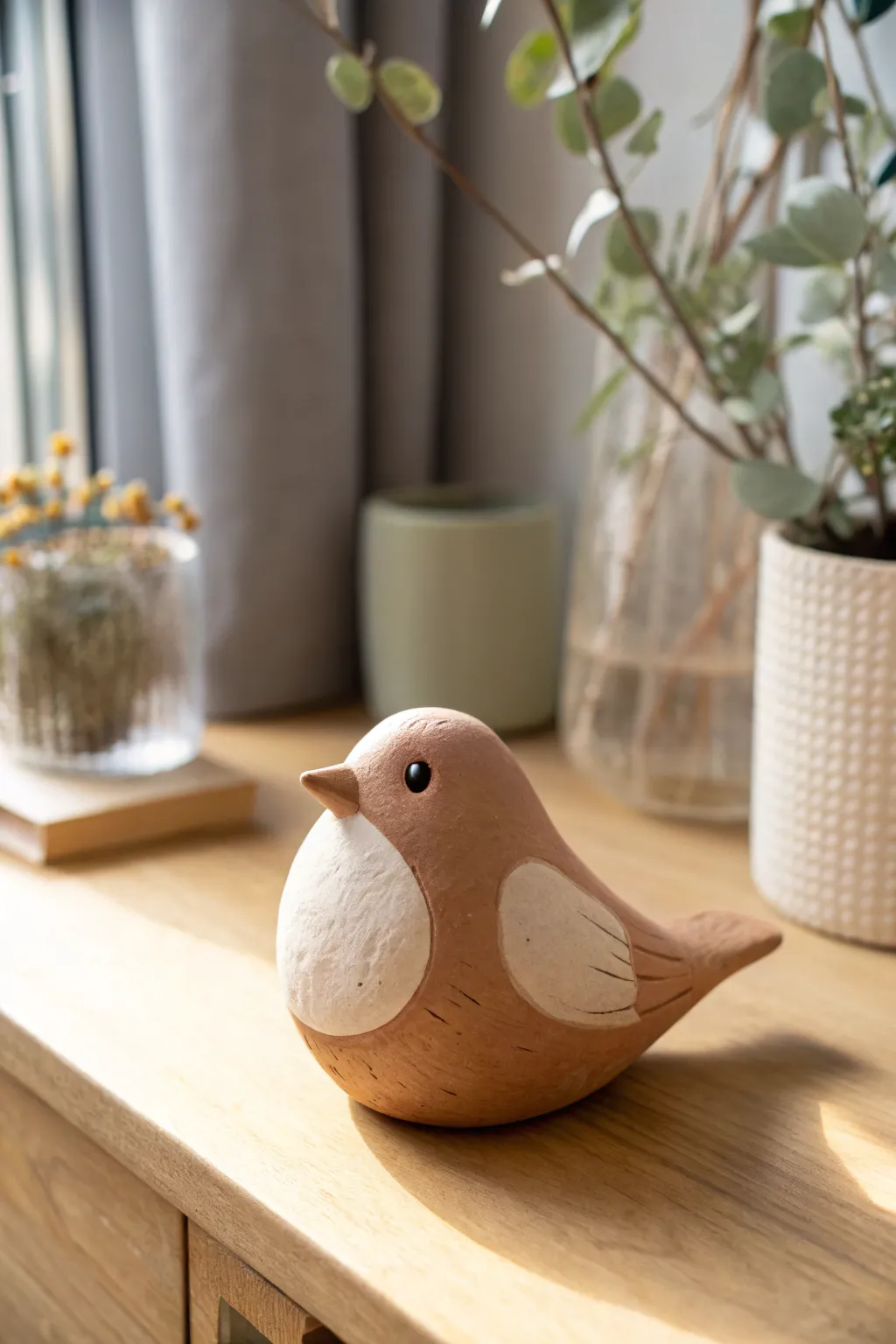 Chubby clay bird desk buddy with a tiny beak, made from simple shapes and soothing tones.
