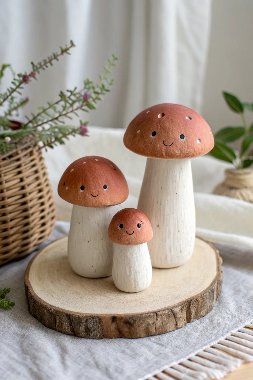Whimsical clay mushroom couple set in soft earthy tones, minimalist and handmade charm.