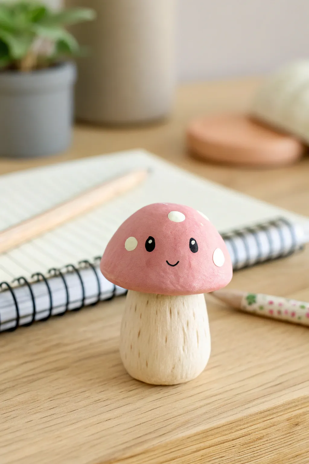 Tiny clay mushroom buddy for beginners, simple shapes, sweet face, minimalist desk decor
