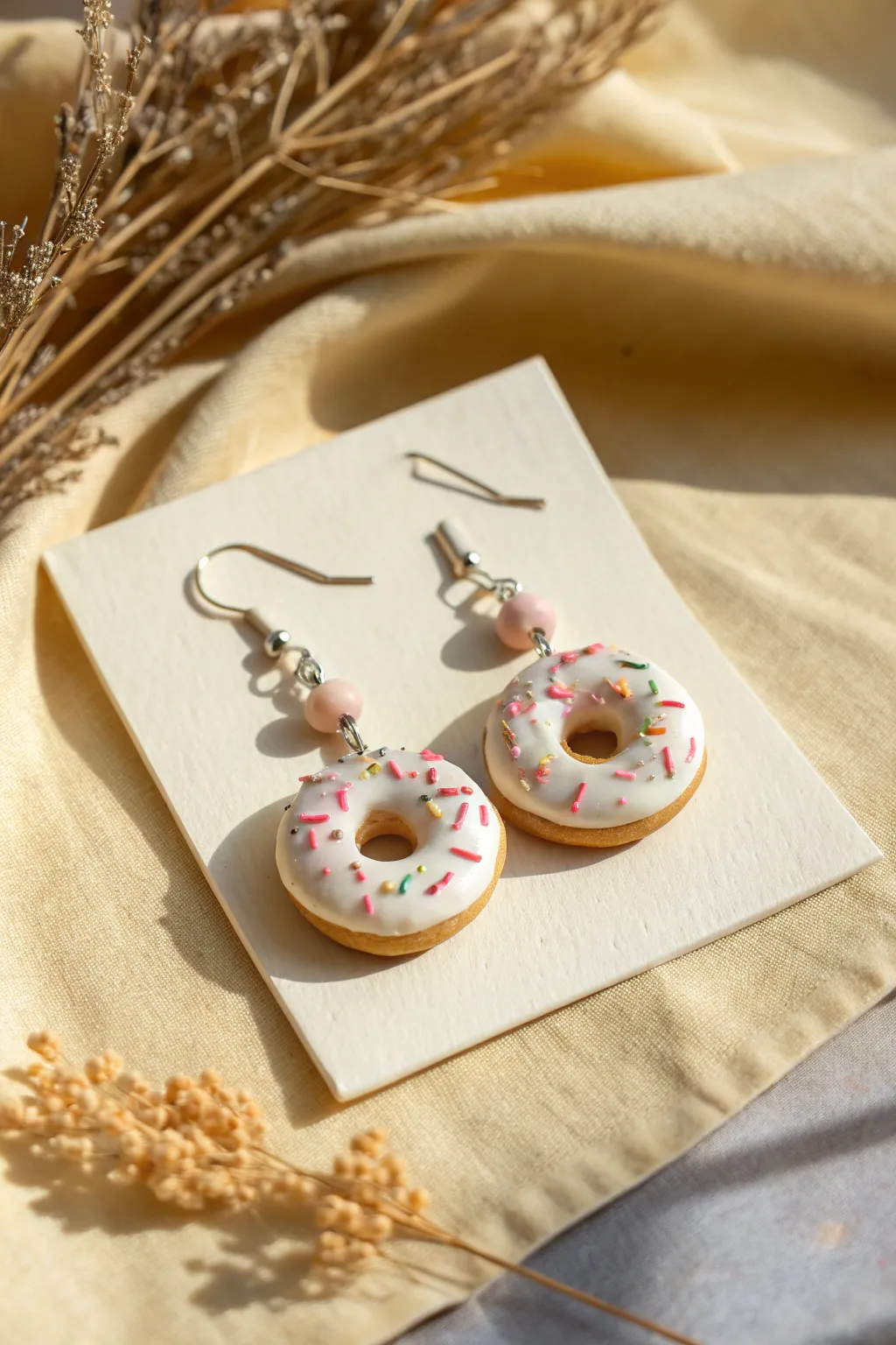 Sweet sprinkle donut earrings on a minimalist card, cozy boho tones and crisp detail.