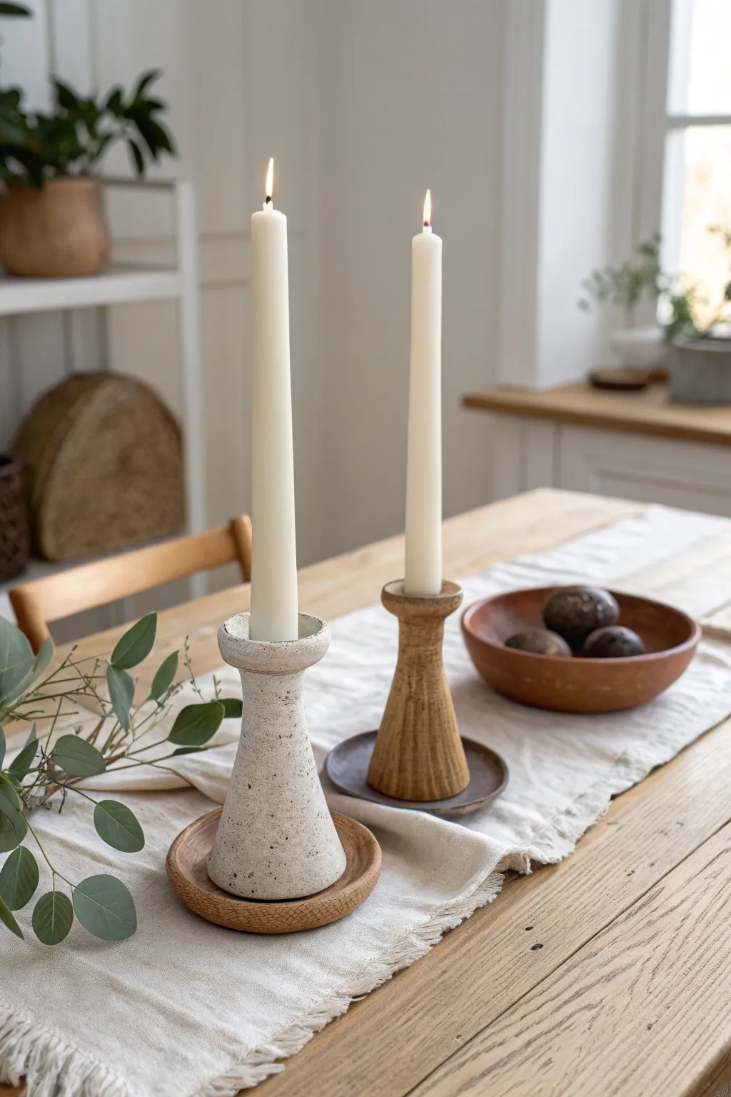 Handbuilt taper candle holder duo in soft neutrals, minimalist yet warmly imperfect
