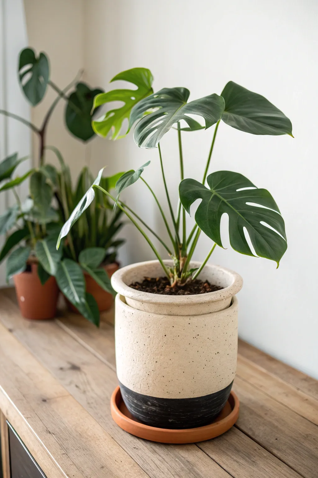 Double-pot Monstera styling: nursery pot hidden inside a chic handmade ceramic cover pot