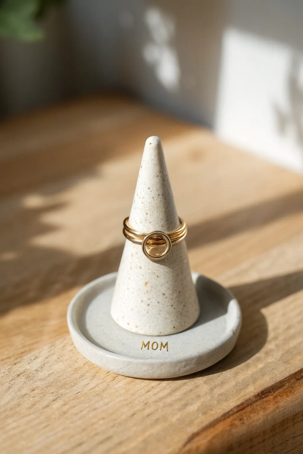 Minimalist clay ring cone with a sweet Mom detail, a simple handmade gift she will use daily.