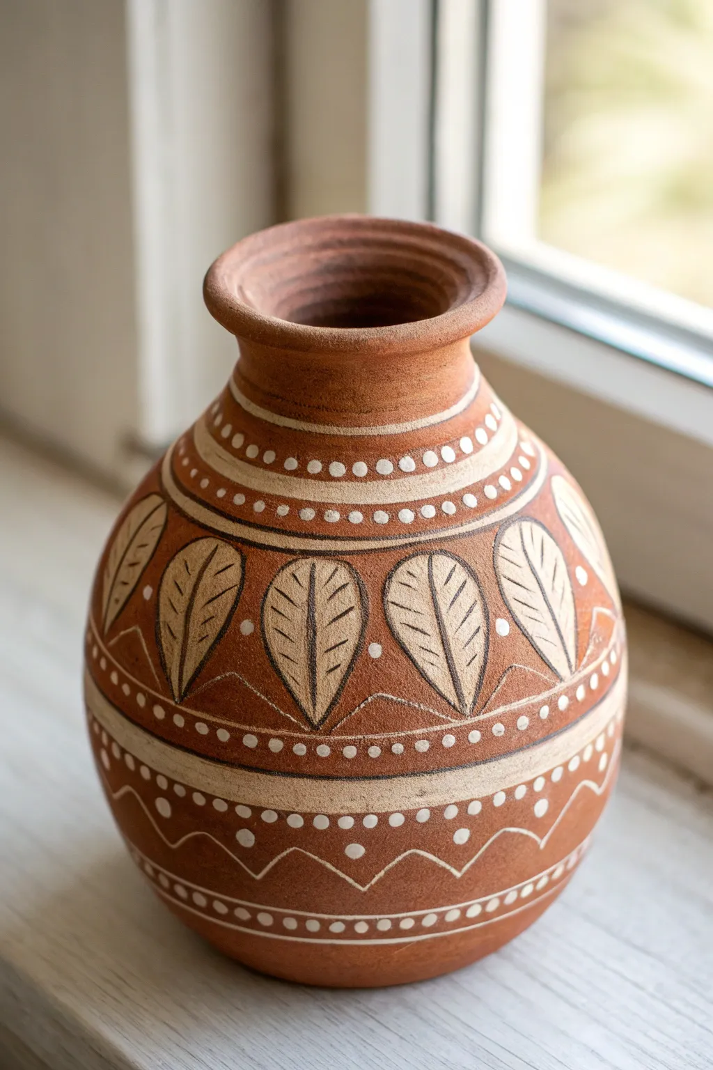 Warm earth-tone mud vase with simple boho borders: dots, zigzags, and bands in matte finish.