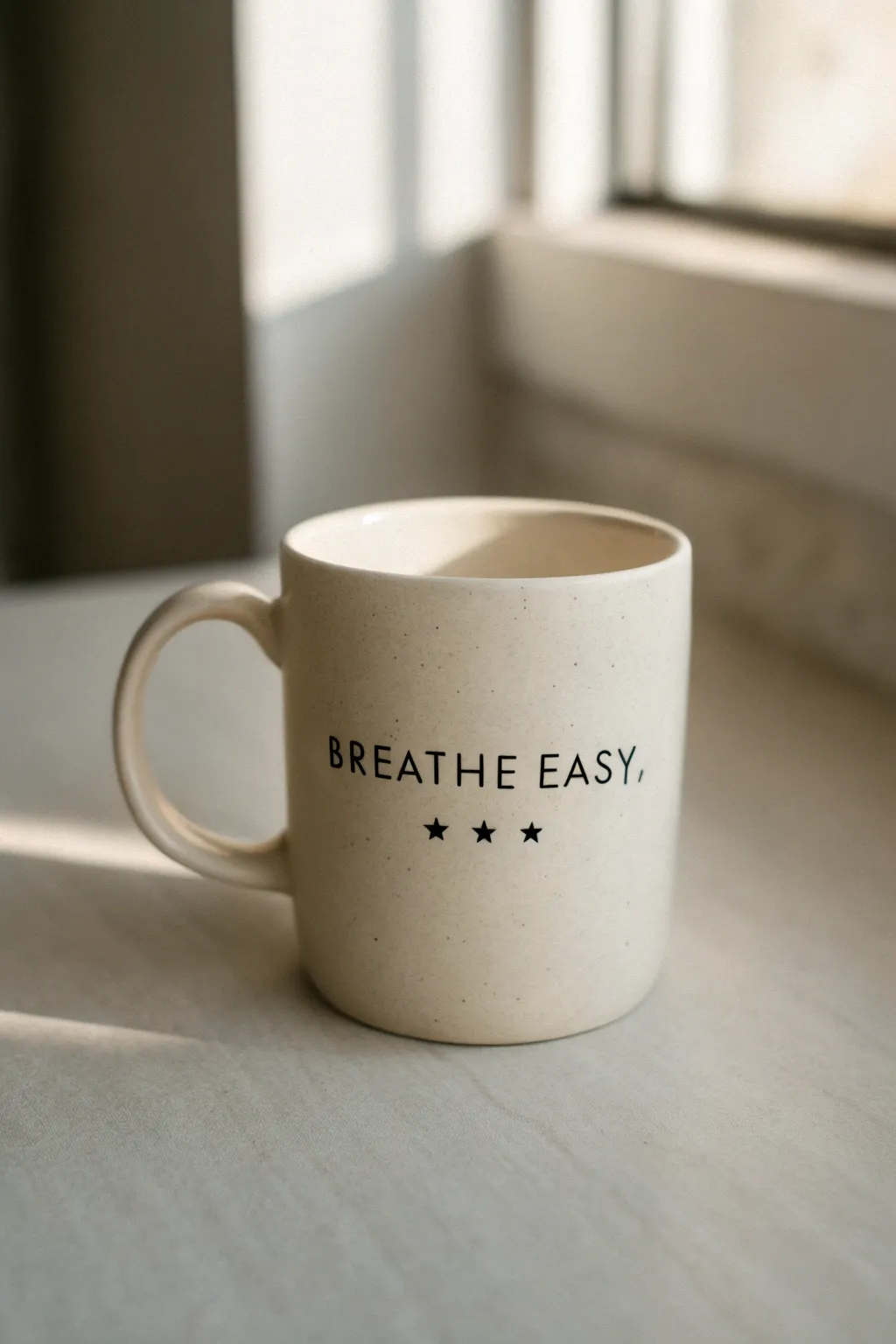 Minimal hand-lettered quote band mug with tiny hearts, clean rim, Scandinavian boho contrast.