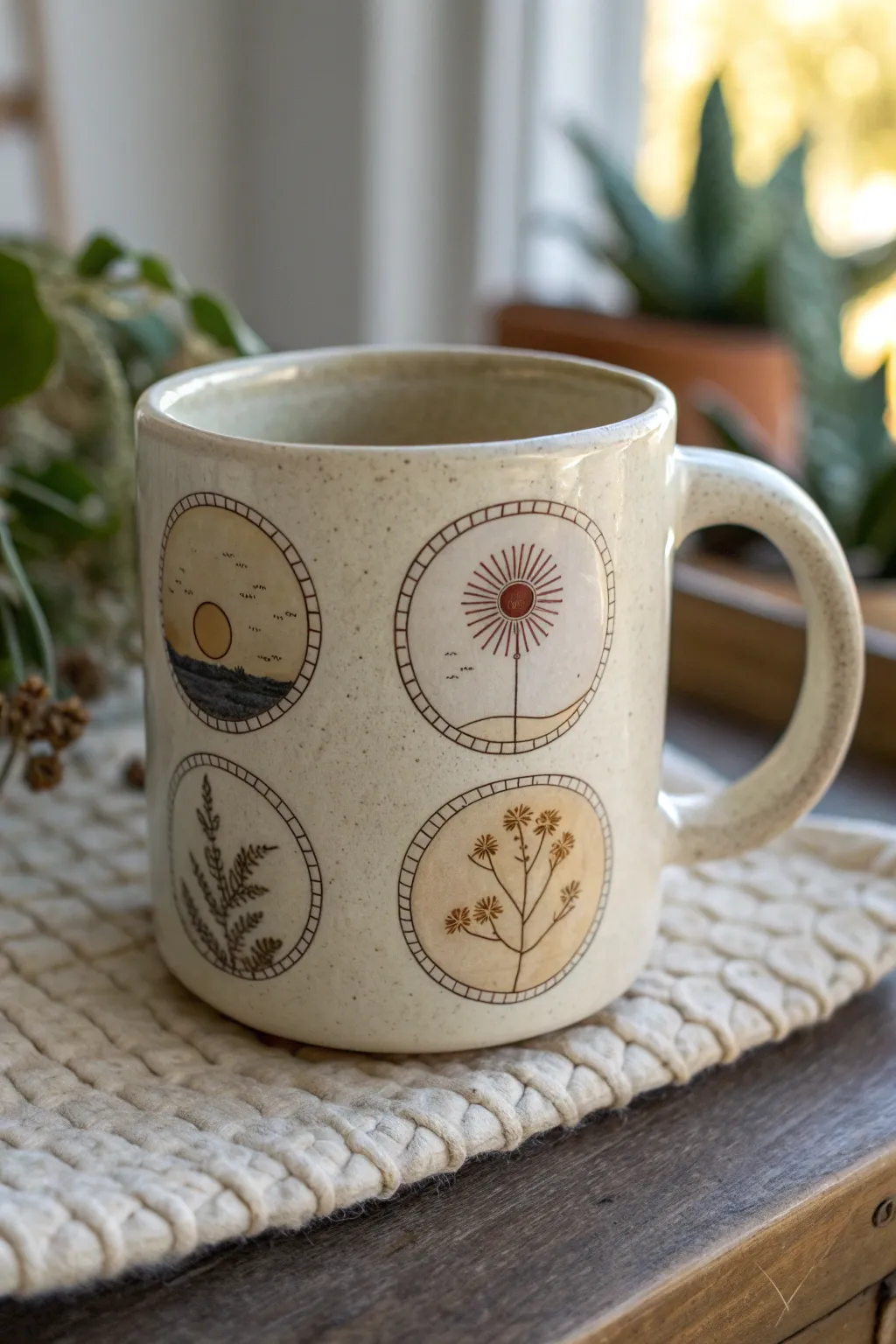 Minimalist mug with circular photo medallions and delicate dotted connectors in soft earthy tones