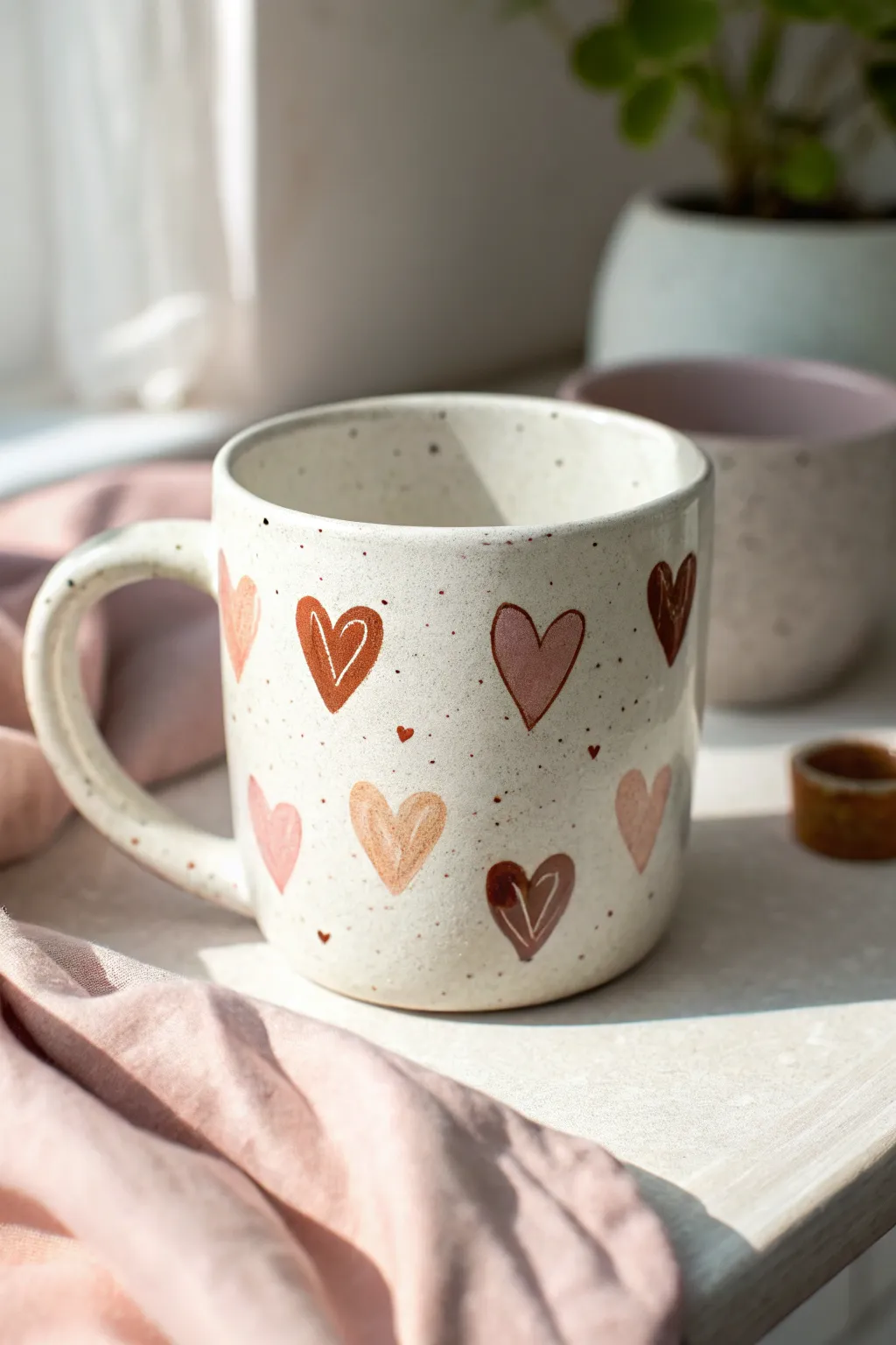 An easy gift mug: scattered painted hearts with a cute cluster near the rim in soft tones.