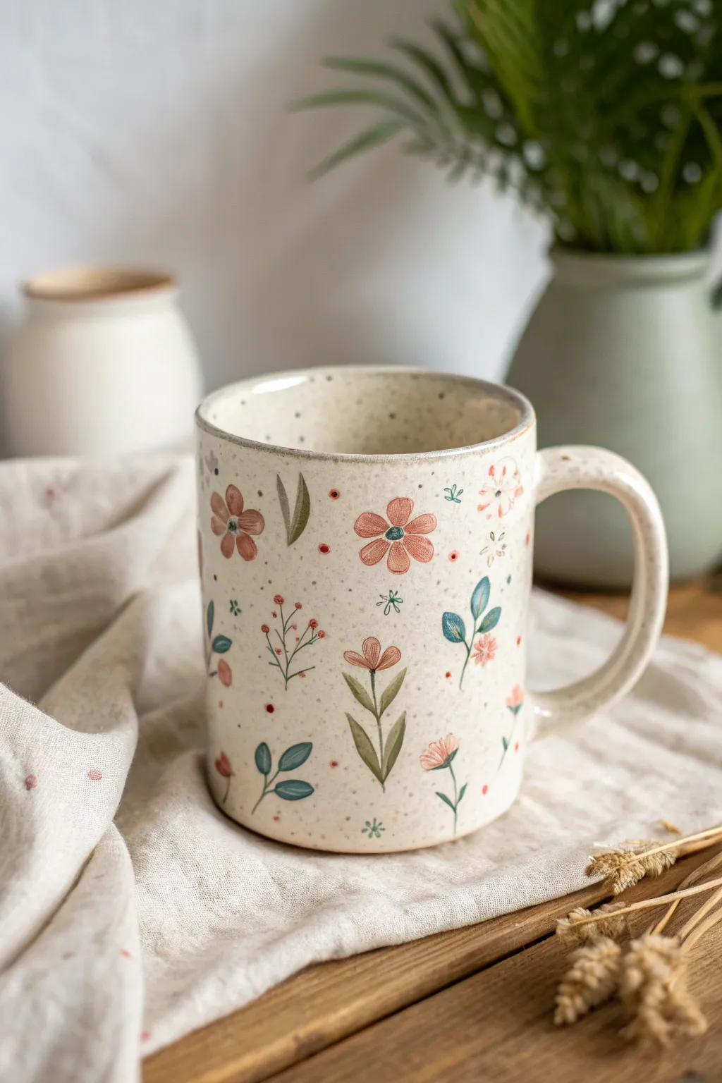 Scattered mini posies in soft hues make this mug feel airy, handmade, and quietly romantic.