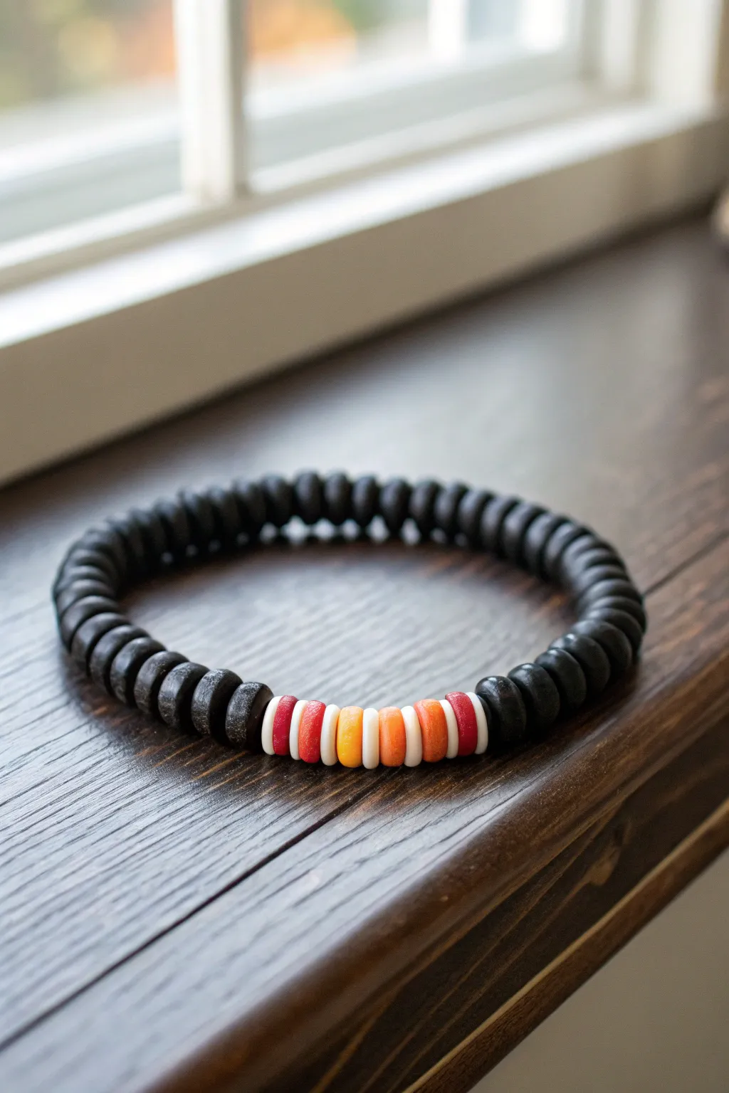 Minimal black heishi bracelet with a sunset pop, earthy and modern for an easy DIY finish.