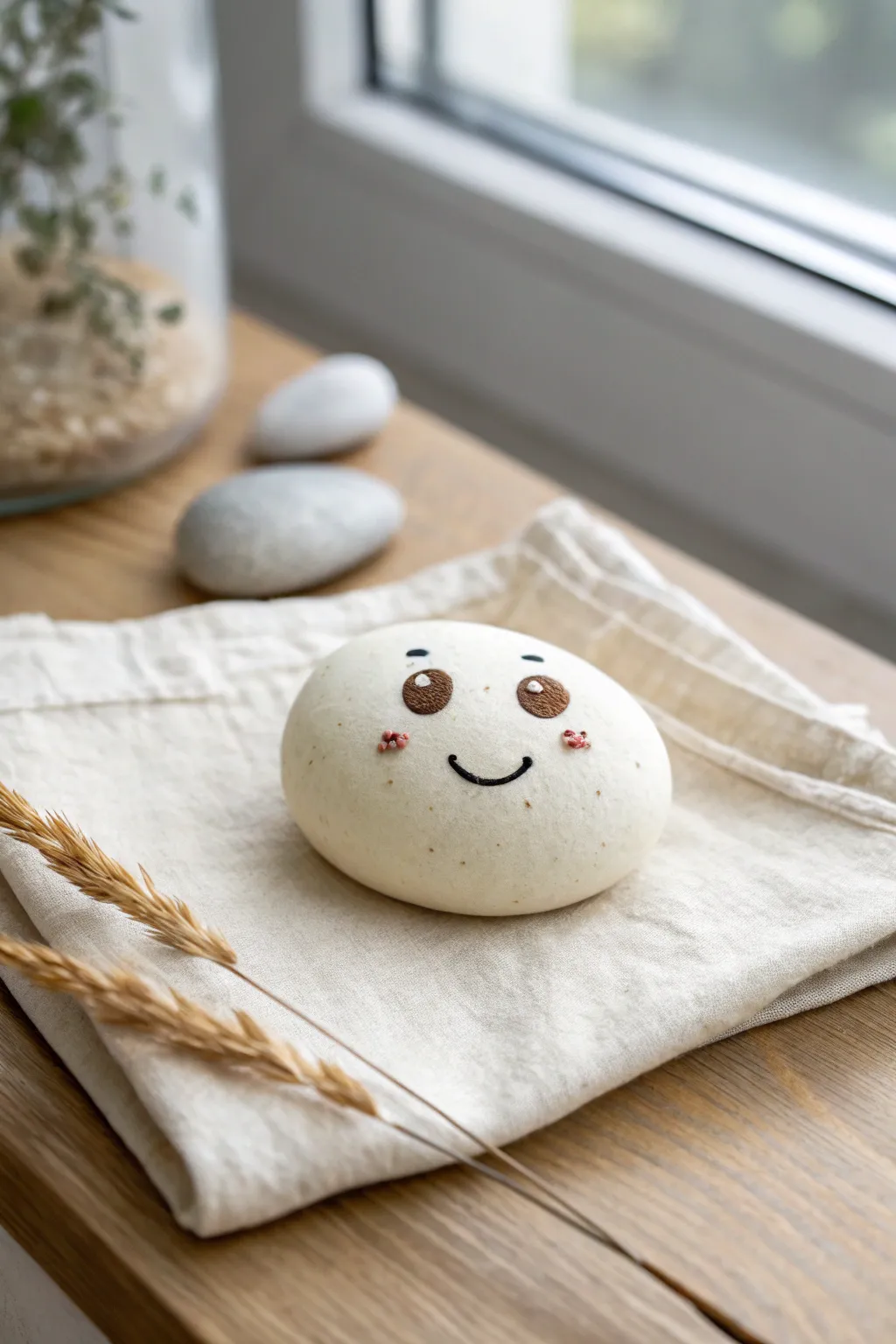 Sweet pebble-mosaic clay face paperweight in calm Scandinavian tones, playful and handmade.