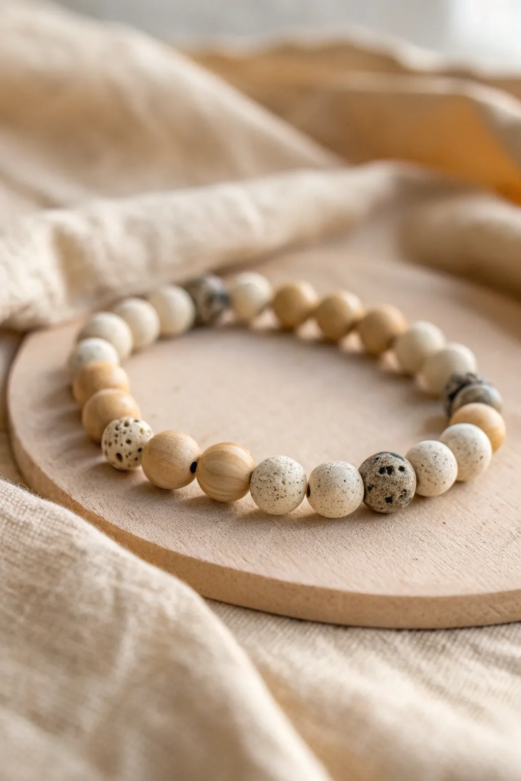 Stone-speckled neutral clay beads add earthy texture to a simple tan bracelet
