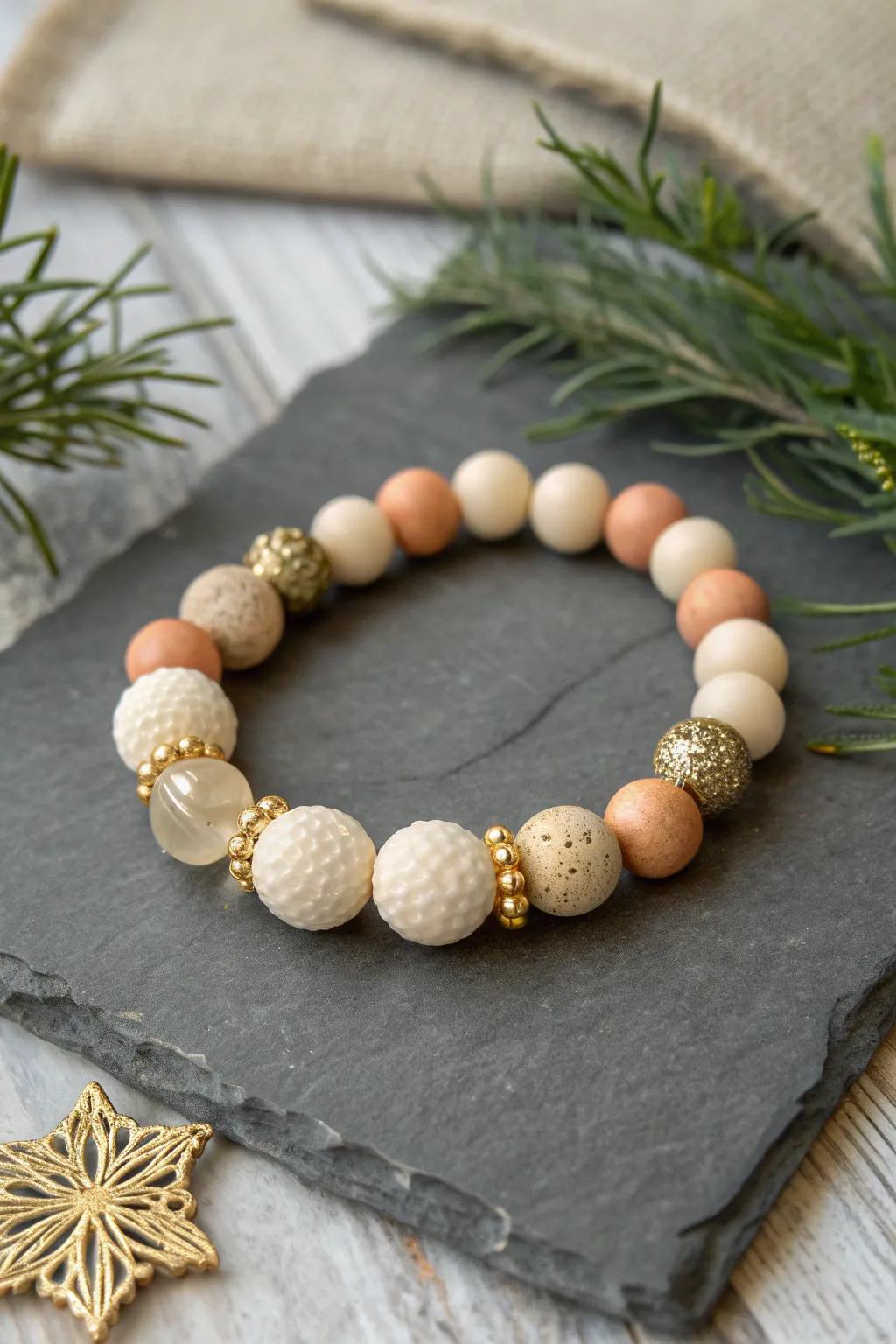 Champagne bubble neutrals: creamy clay bead bracelet with soft gold accents and cozy glow