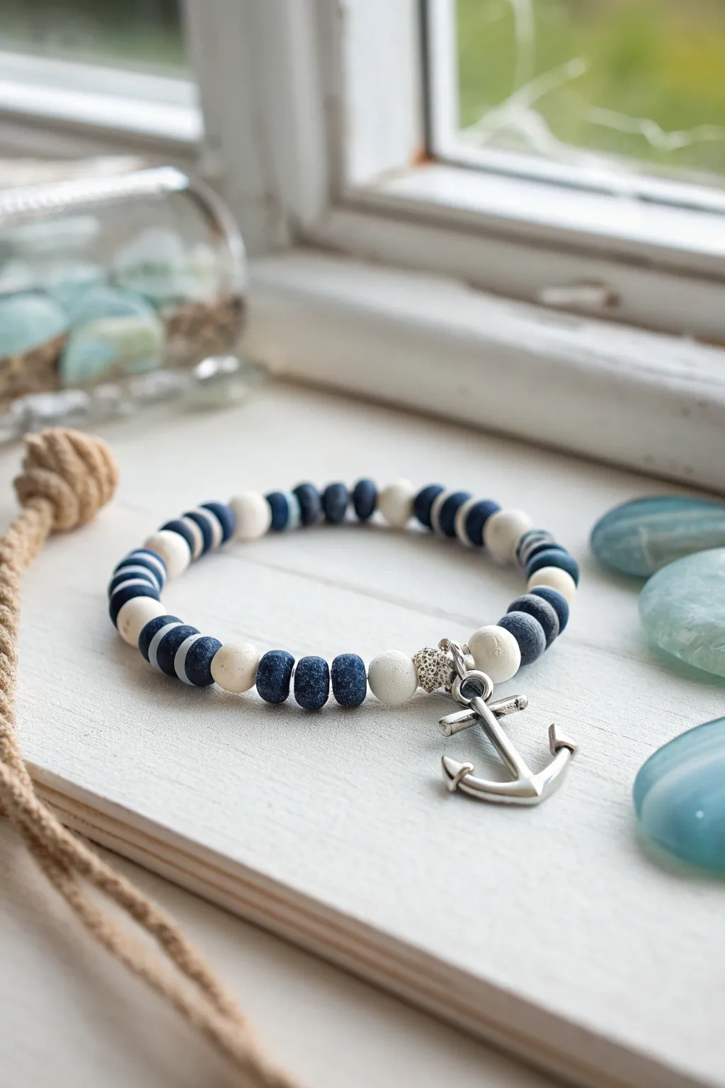 Navy and white clay disc bead bracelet with a tiny anchor charm, styled with rope and sea-glass tones.