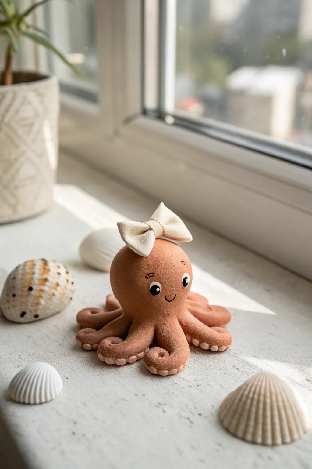 A chunky bow-topped clay octopus in soft neutrals, perfect for beginner-friendly seaside charm.