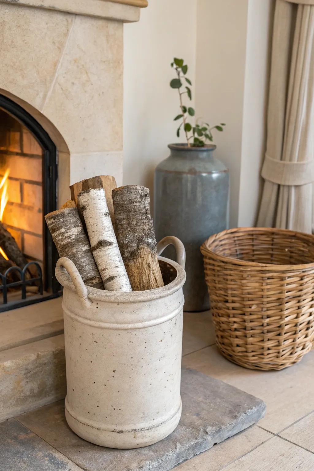Turn an old crock into a chic hearthside holder for birch logs, rustic and minimalist.