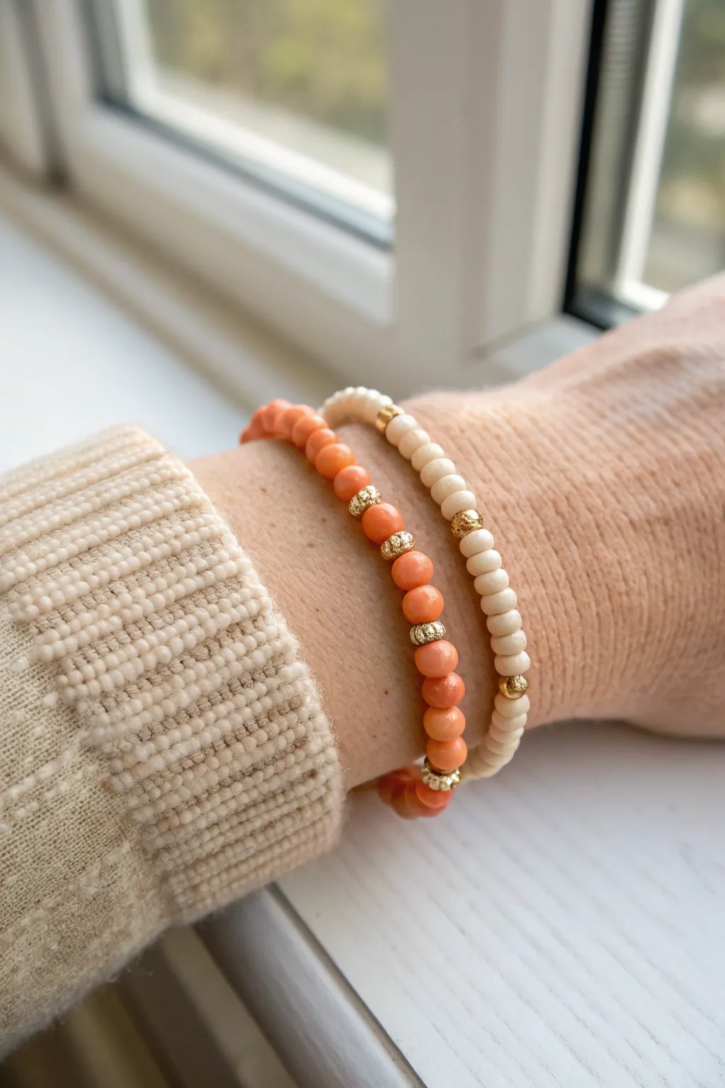 Sunset-inspired orange, coral, and peach heishi bracelet styled in warm minimalist tones