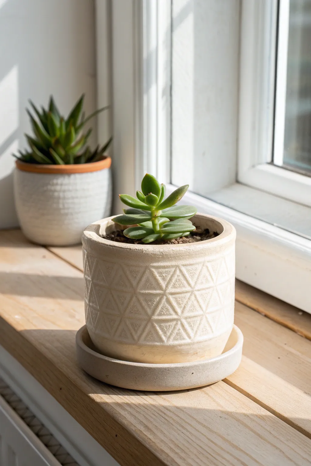 Textured oven-bake clay succulent planter for a calm, boho-minimal windowsill moment.