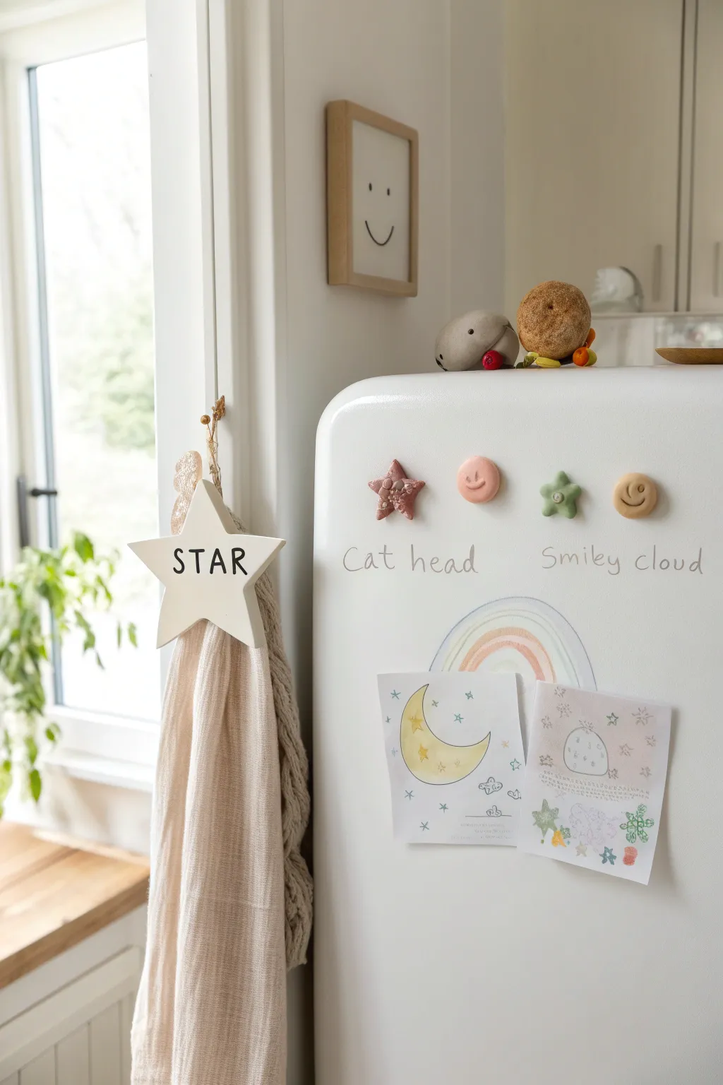 Chunky oven-bake clay magnets in cute shapes that actually hold up kids drawings on the fridge.