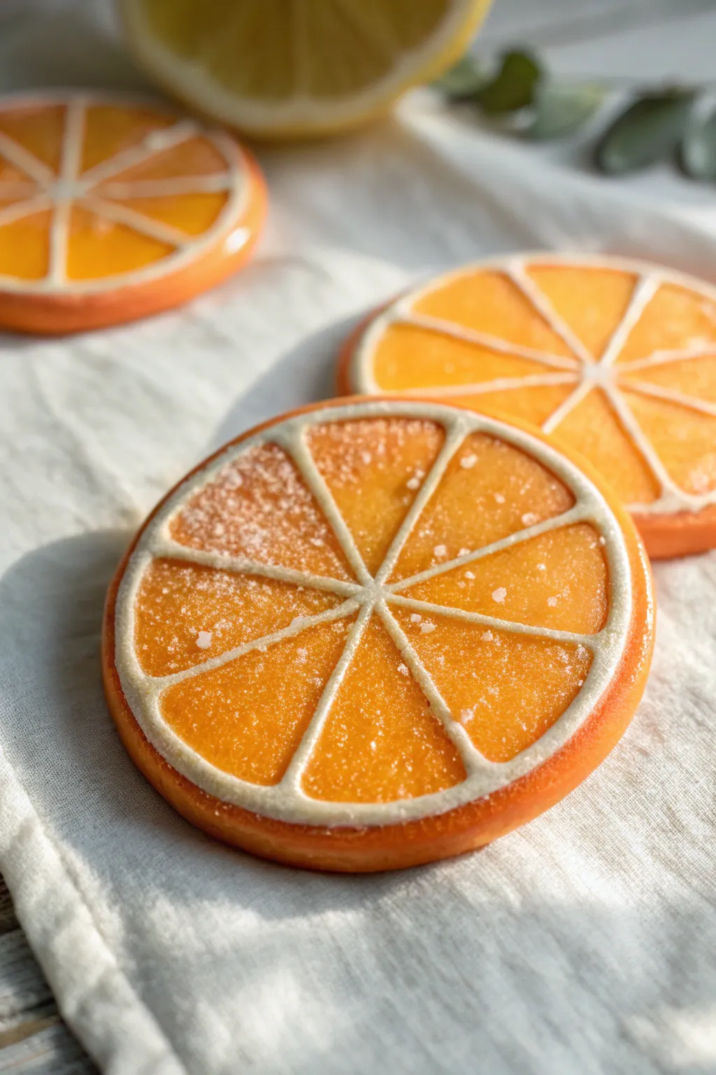 Glossy orange-slice oven-bake clay magnet with clean segments, bright color, and Scandinavian calm.