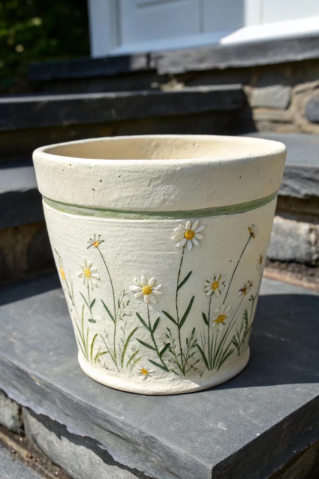 Painted wildflower meadow wrap pot on stone steps, soft daylight for cozy cottage charm.