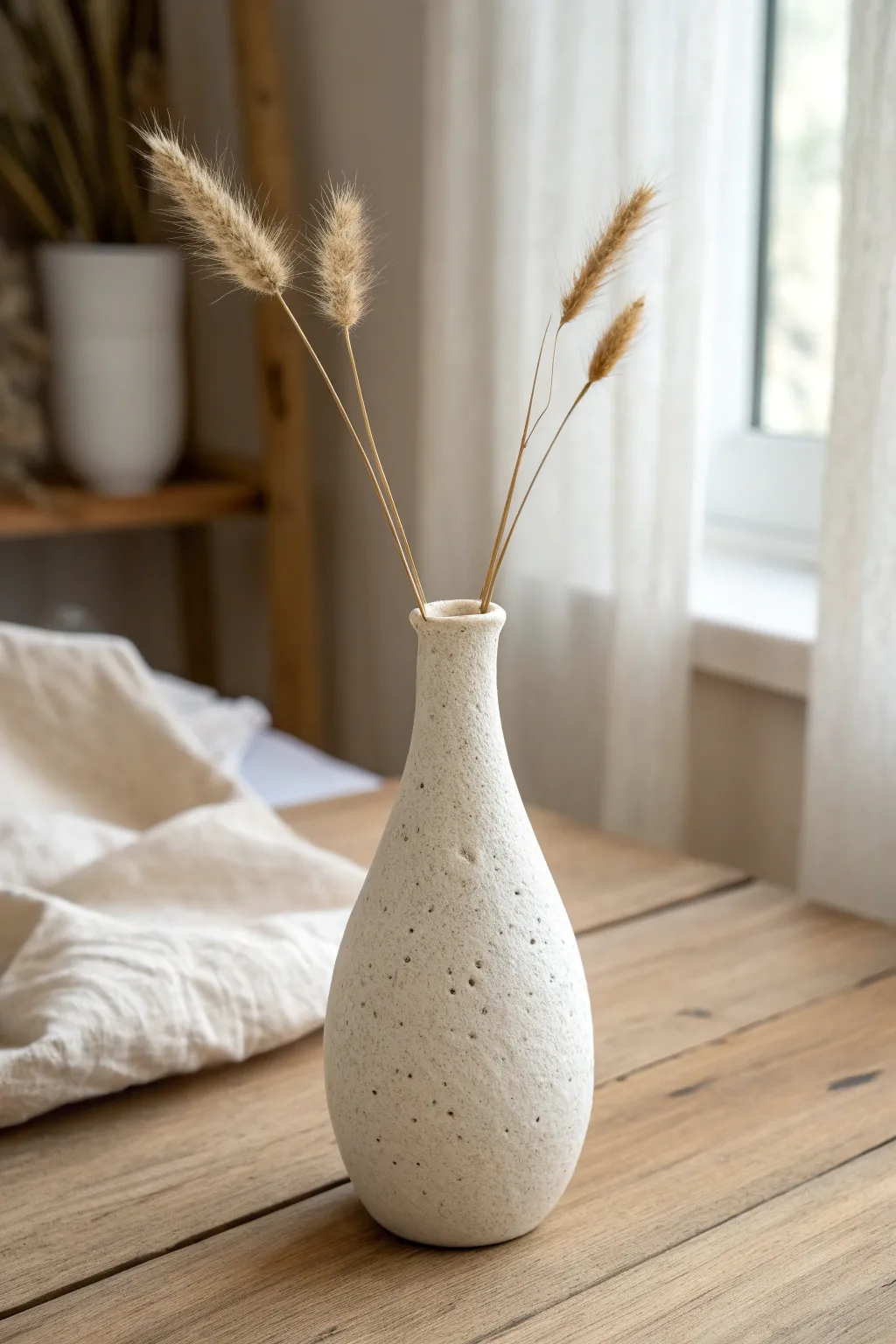 Minimal paper clay bud vase with dried stems, Scandinavian calm with a soft boho touch.