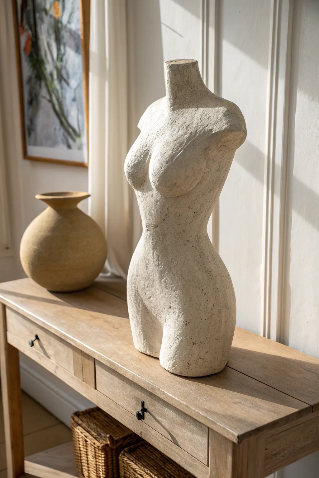 Body-shaped paper clay vessel with a matte stone finish, softly lit for minimalist boho charm