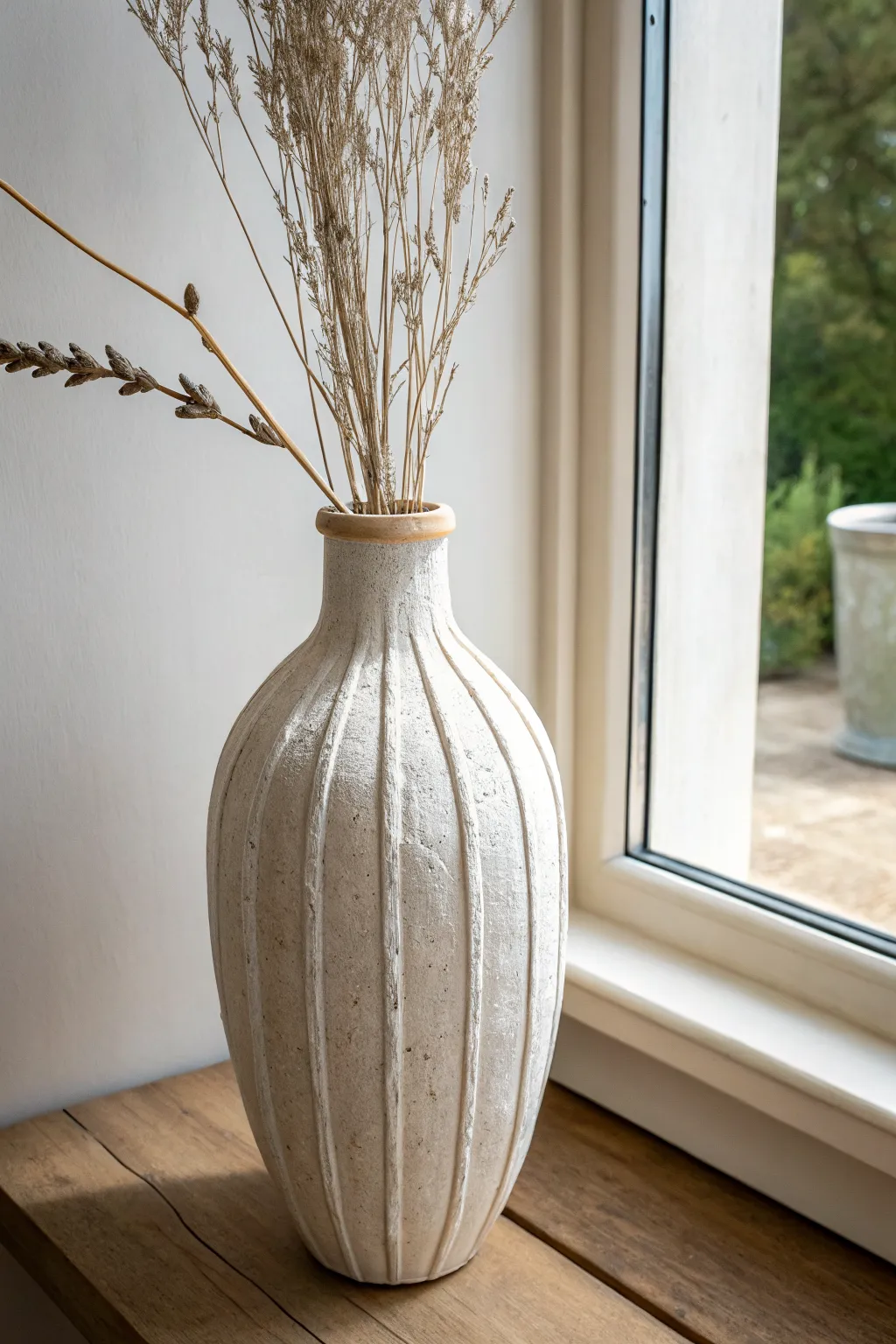 Chalky off-white paper mache vase with carved lines, styled simply with dried stems