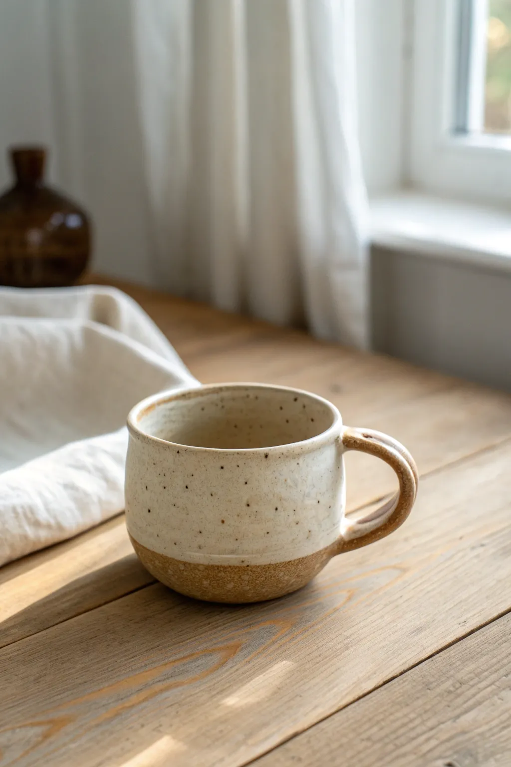 Cozy pinch pot mug with a simple chunky handle, rustic rim, and calm Scandinavian charm.