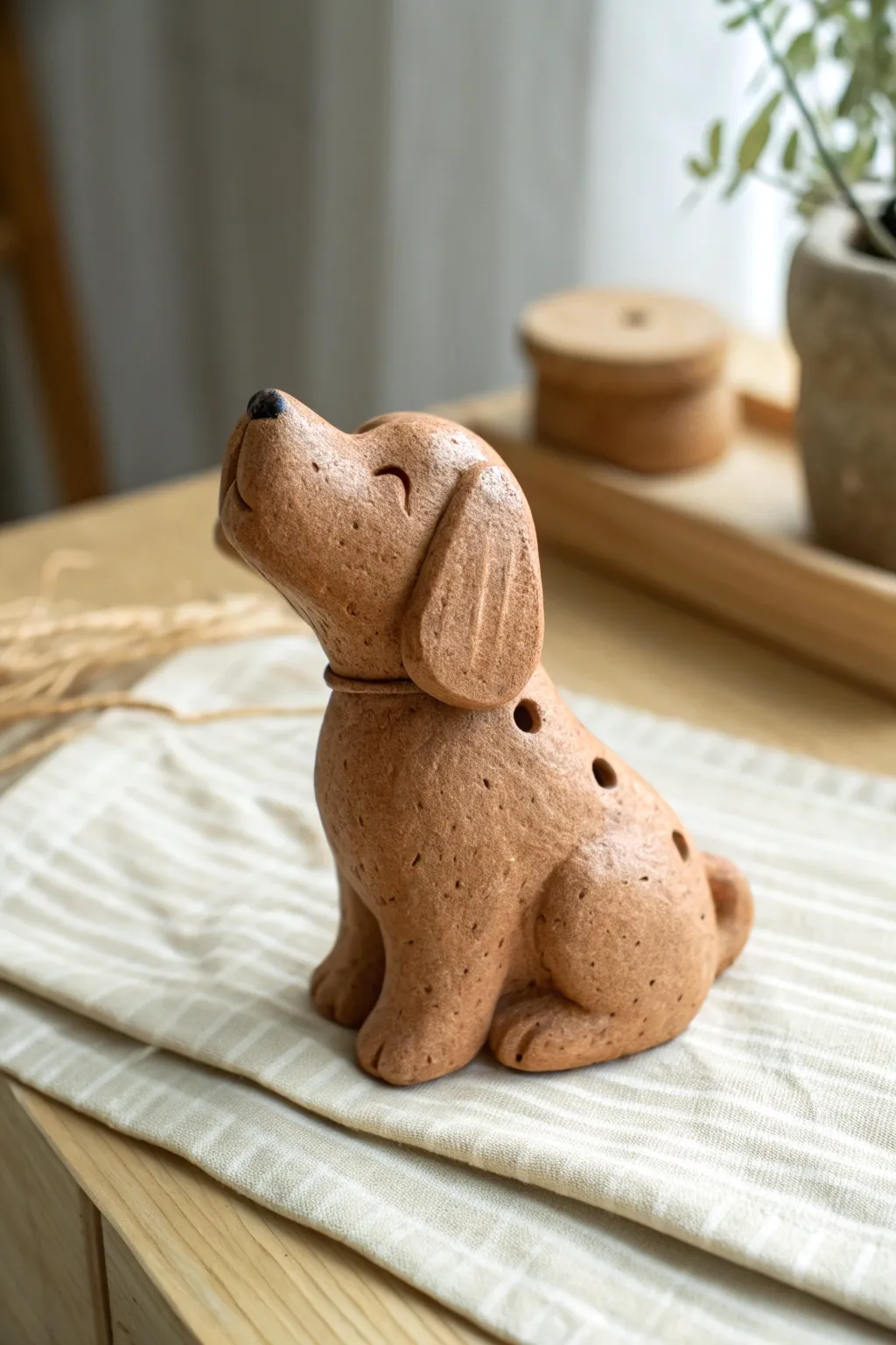 Simple sitting dog clay whistle with floppy ears and warm earthy charm in a clean minimal scene
