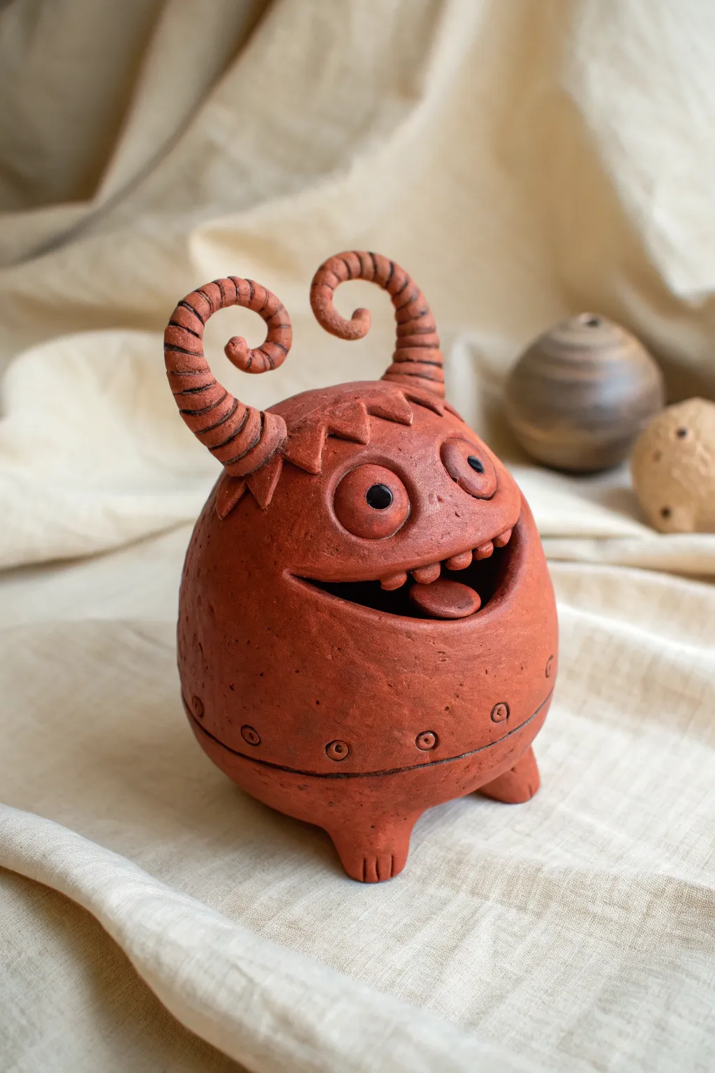 Red pinch pot monster with curled horns and playful tongue, minimal Scandinavian boho styling.