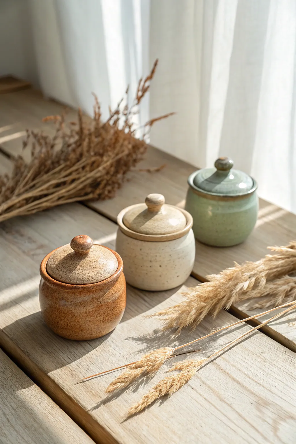 Mini pinch pot jar trio with soft earthy glazes, perfect for tiny treasures and simple decor.