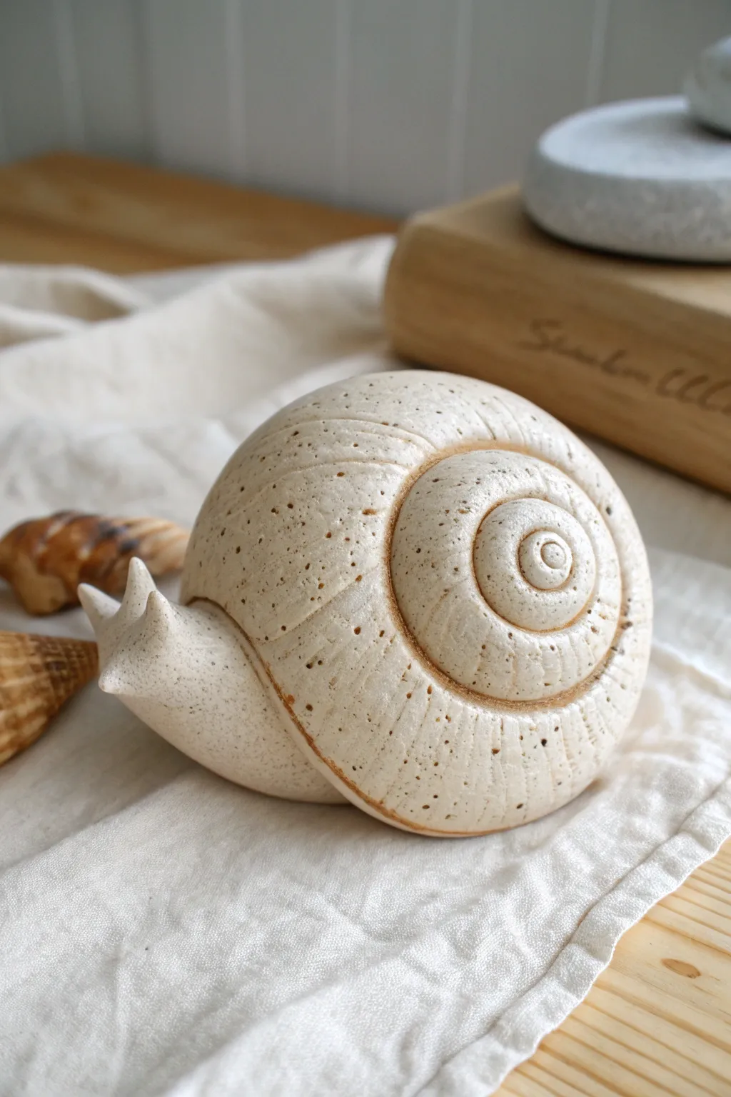 Simple snail shell pinch pot rattle with coil body, antennae, and soft speckled clay tones.